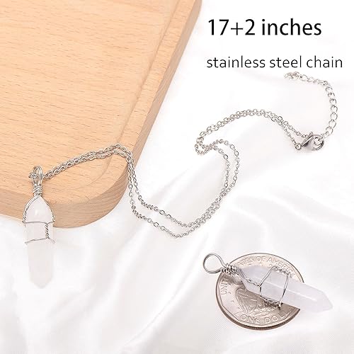 Vista 4 de White Quartz Mineral Stone Point Wire Wrapped Healing Crystal Pendant Necklace