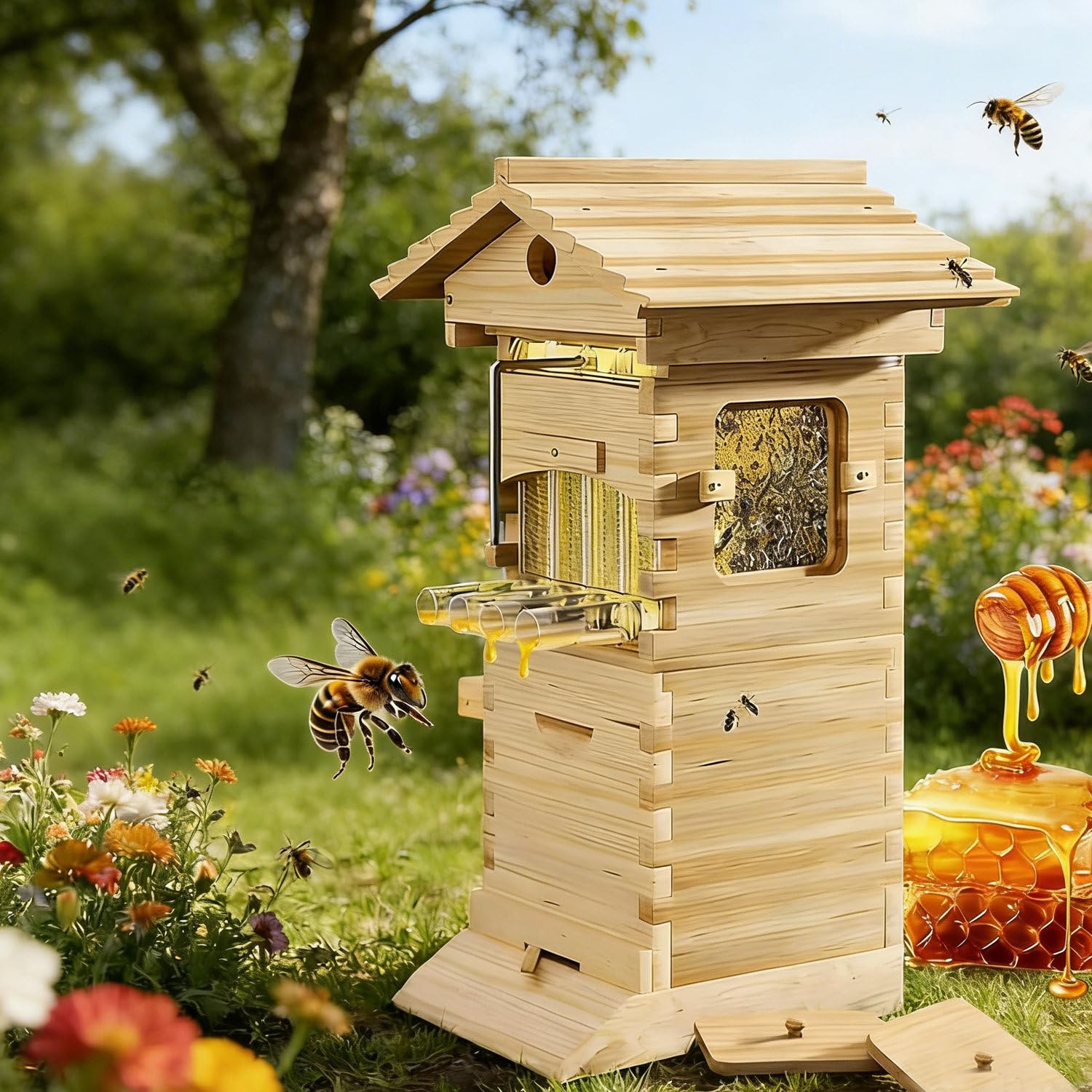 CelyToe Automatic Honey Harvesting Beehive Kit, Self-Flowing Design,Complete Wooden Bee Hive with Observation Window & Honey Spout, Supplies for Garden