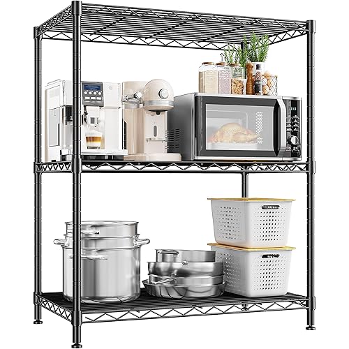 3 Tier Storage Shelves Metal Shelving Unit,Adjustable Wire Rack Pantry Kitchen Shelves,Small Shelf Wire Shelving for Laundry Office Bedroom Dorm Bathroom Closet 24" W x 30" H x 14" D Black Shelves