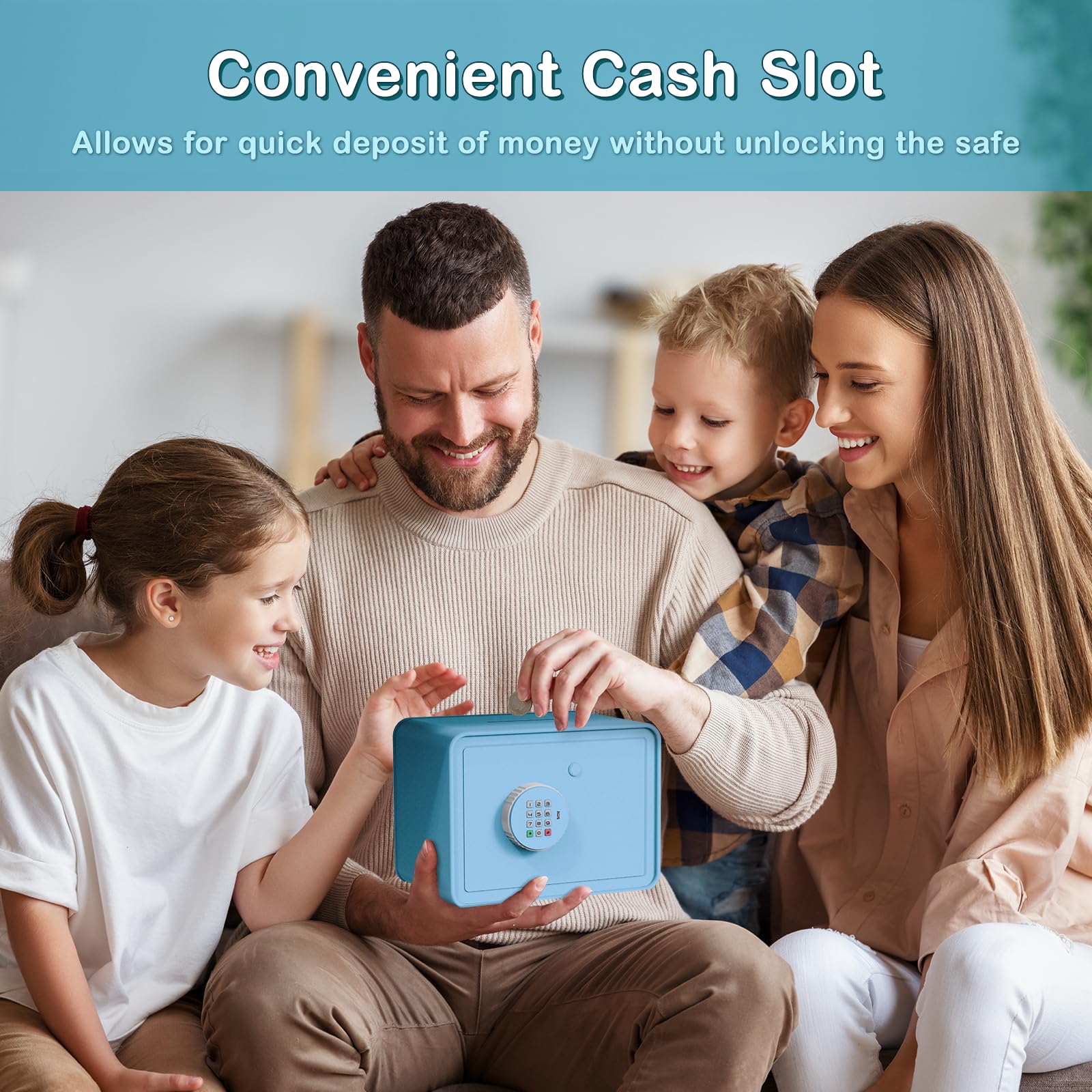 GoldenKey Mini coffre-fort pour enfants – Macaron bleu 17,8 x 23,9 x 16 cm – Coffre-fort avec fente pour pièces de monnaie et billets, clavier et serrure à clé, sauvegarde USB, autocollants de