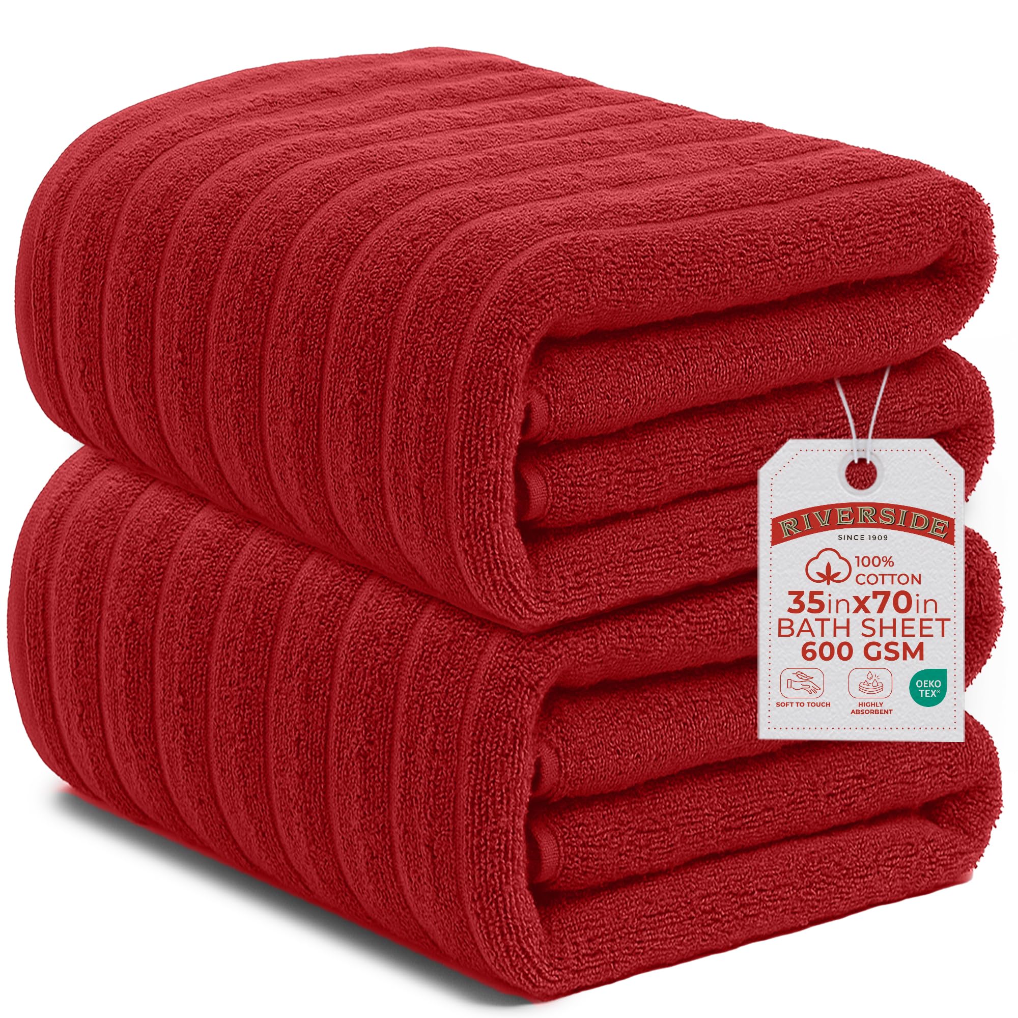 RIVERSIDE Pack of 2 Extra Large Bath Sheet Towels 35 x 70 Inches 600 GSM Ribbed Stripe 100