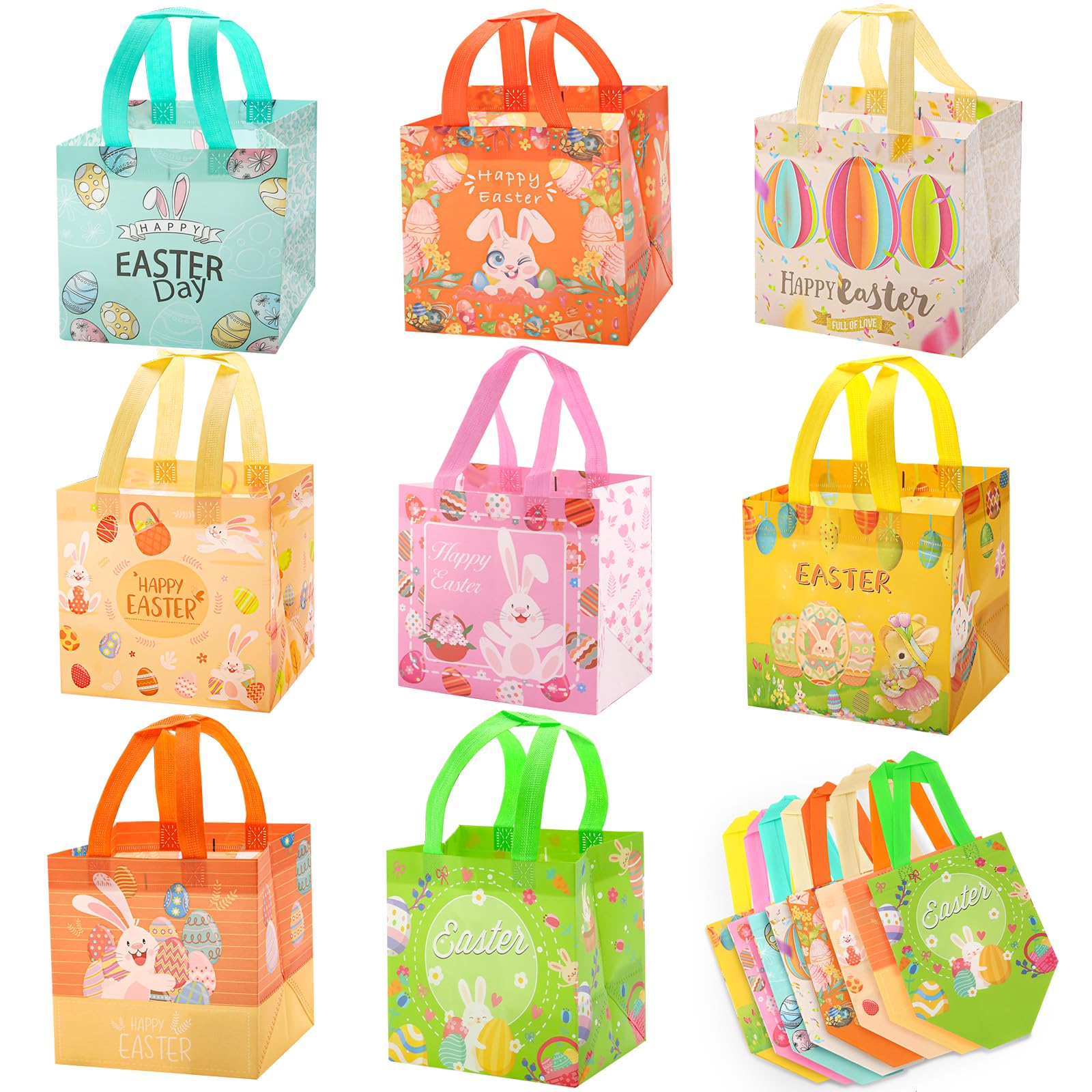 wokdsbl 8PCS Easter Gift Bags with Handles,Non-Woven Easter Bunny Egg Bags, 21×20×15cm Happy Easter Egg Hunt Bags,Reusable Treat Bag Easter Egg Hunt, Easter Baskets for Kids