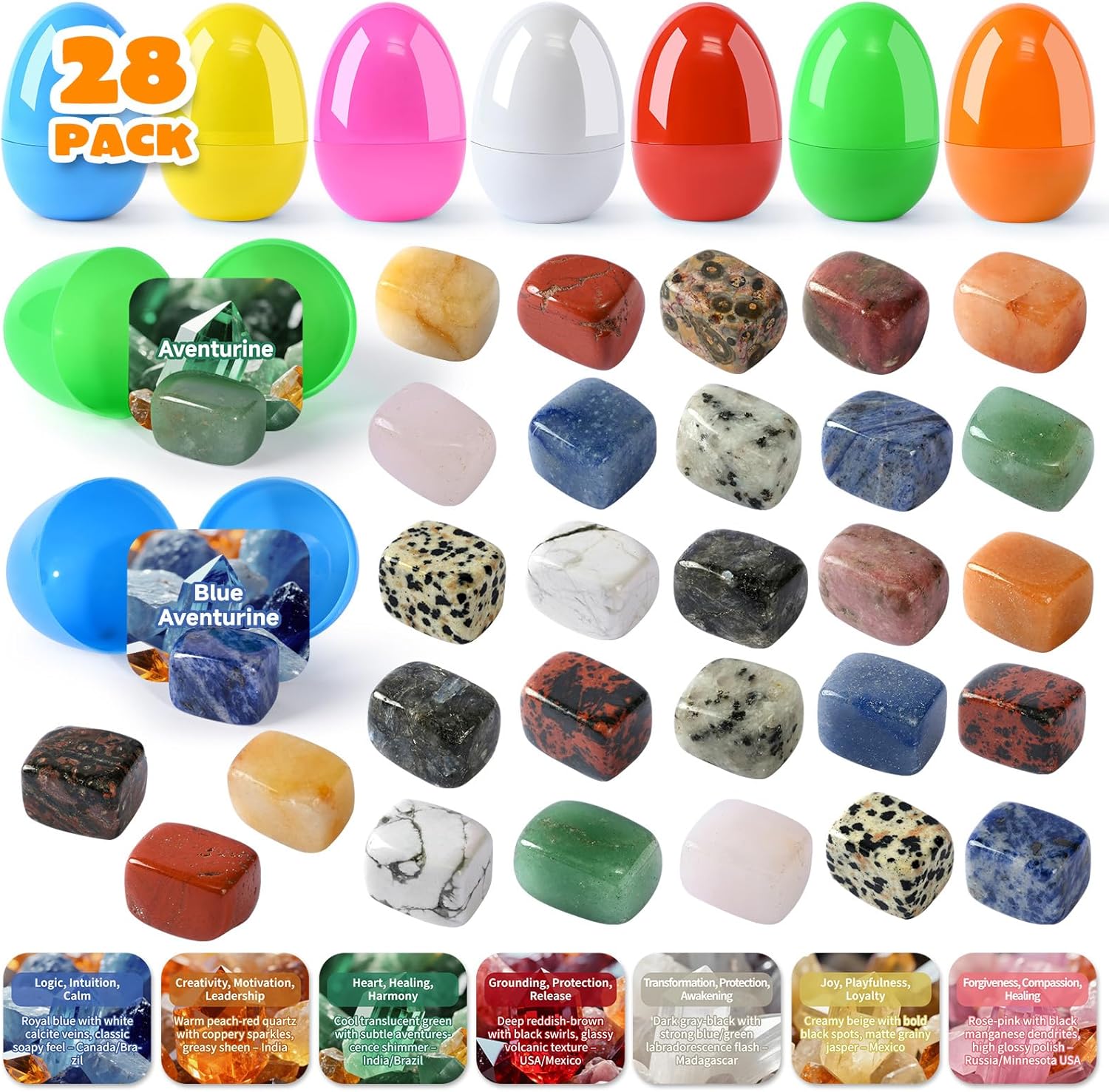 28 Pack Prefilled Easter Eggs with Gemstones Inside - Easter Eggs Filled with Natural Gems Crystal for Kids Easter Egg Hunting Party Favors