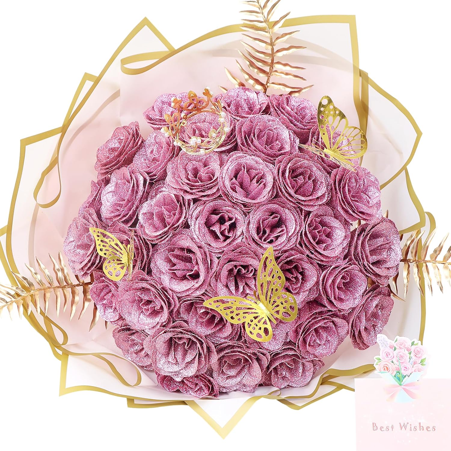 DIY Glitter Roses Bouquet Pink - 36 Pack Artificial Rose Bouquet Shiny Fake Eternal Floral for Elegance Wedding Bouquet Anniversary Birthday