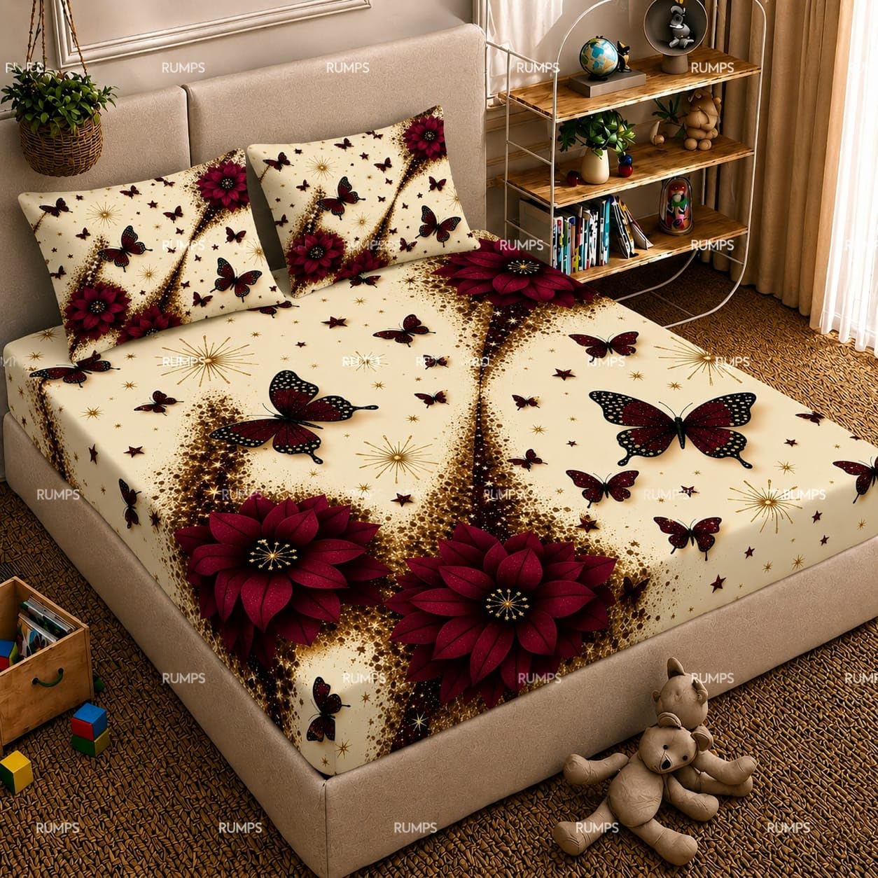 RUMPS Premium 7D HD Digital Printed Butterfly Floral King Size Flat Bedsheet with 2 Pillow Covers | Luxury Maroon Flower Design with Golden Accents | Elegant Home Décor Bedding Set | Super Soft