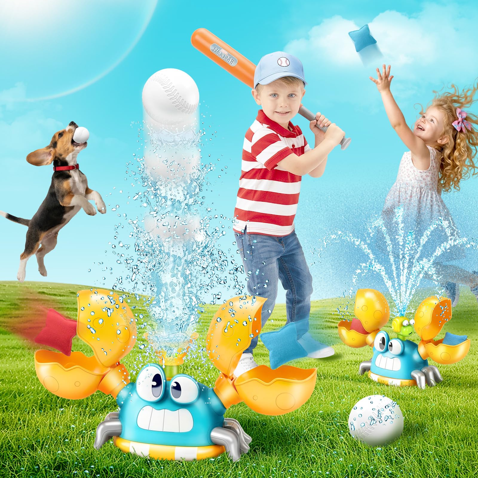 3 in 1 Kids Squirting Crab Toy, Throwing Sandbags Baseball Game Outdoor Water Spray Sprinkler Toy with Rotating Spray Nozzles Attaches Garden Water Hose for Summer Outside Backyard Lawn Boy Girl 3-12