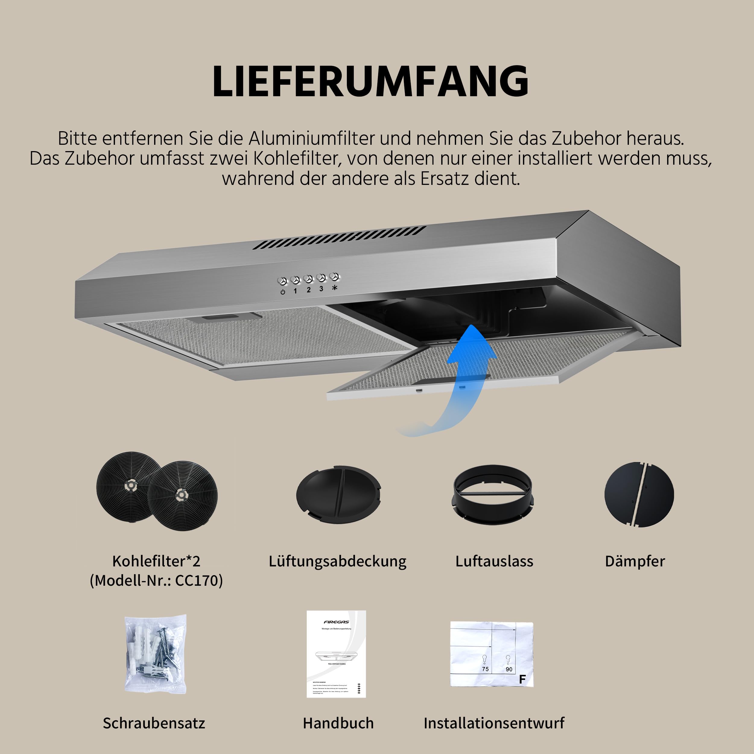 FIREGAS Unterbau Dunstabzugshaube 60 cm Edelstahl, 319 m³/h, Energieeffizienzklasse A++, bürstenloser Motor, Umluft & Abluft, 3 Leistungsstufen, leise, 2W LED, inkl.2 Aktivkohlefilter