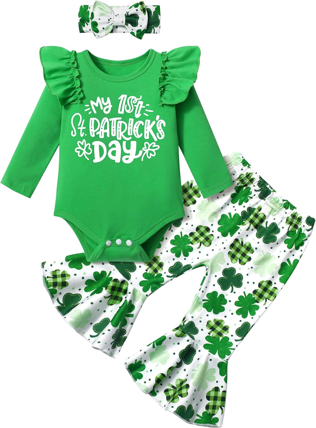 CRISONE Baby Girl St Patricks Day Outfit Long Sleeve Ruffle Romper + Flared Pants + Headband 3pcs Outfit Sets
