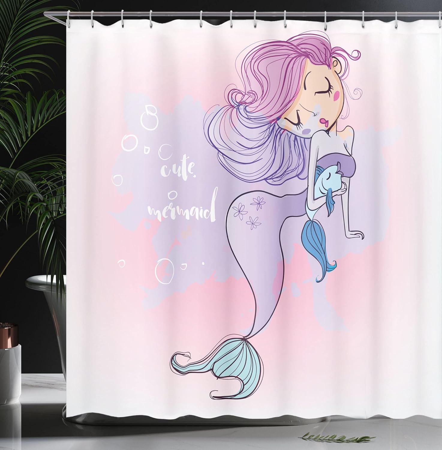 Ambesonne Underwater Shower Curtain, Cartoon Illustration with Lettering Mermaid Smiling Glamour Beauty Print, Cloth Fabric Bathroom Decor Set with Hooks, 69" W x 84" L, Pink Purple