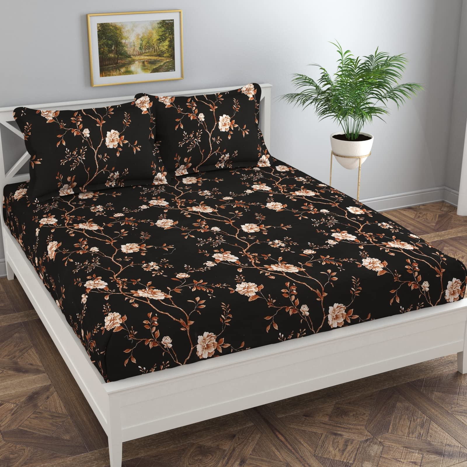 DULCE VIDA Polycotton Floral Bedsheet - 160 GSM Bed Sheet Set for King Size Bed with 2 Pillow Covers, Size : 225x270CM, Pillow Covers : 46x69CM (Gold, King)