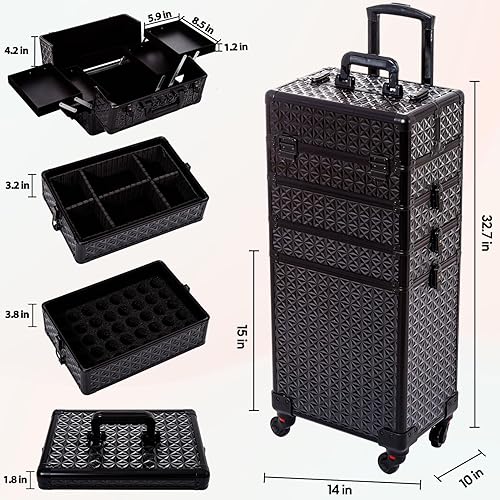 Miniatura 5 de AROUS Estuche de maquillaje profesional 5 en 1, estuche de aluminio para cosméticos, estuche de maquillaje con ruedas giratorias de 360 , Negro -,