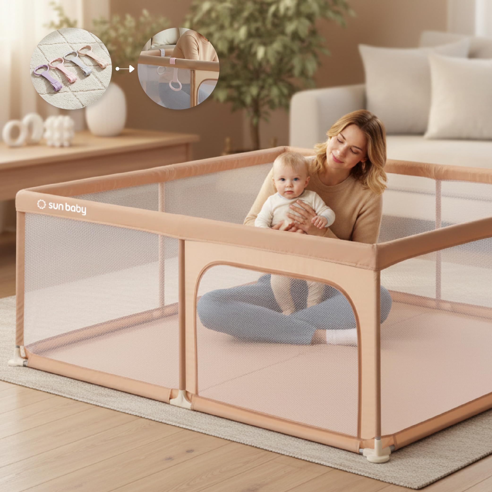 sun baby Kinderbox met roze handvat 150x200 cm 0-2 jaar Beige, polyester, netwanden, ingang met rits, antislipvoetjes, draagtas inbegrepen, metalen frame