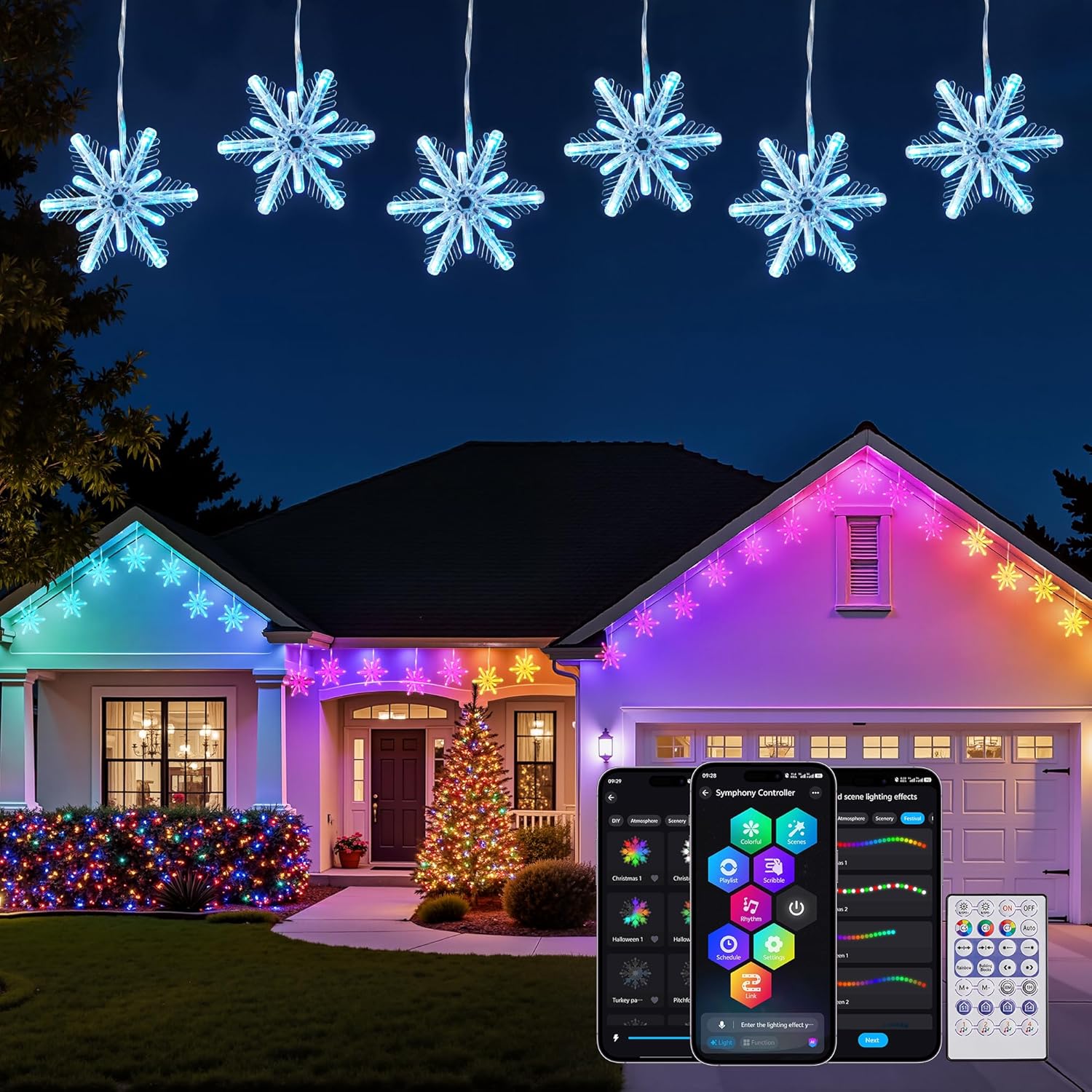 Brightown Smart Christmas Snowflake Lights Outdoor, 24ft 192LED with 16 Drops Icicle Lights with APP Control & Music Sync, Waterproof Connectable, 80+ Scene Modes for Roof, Yard, Patio, Window