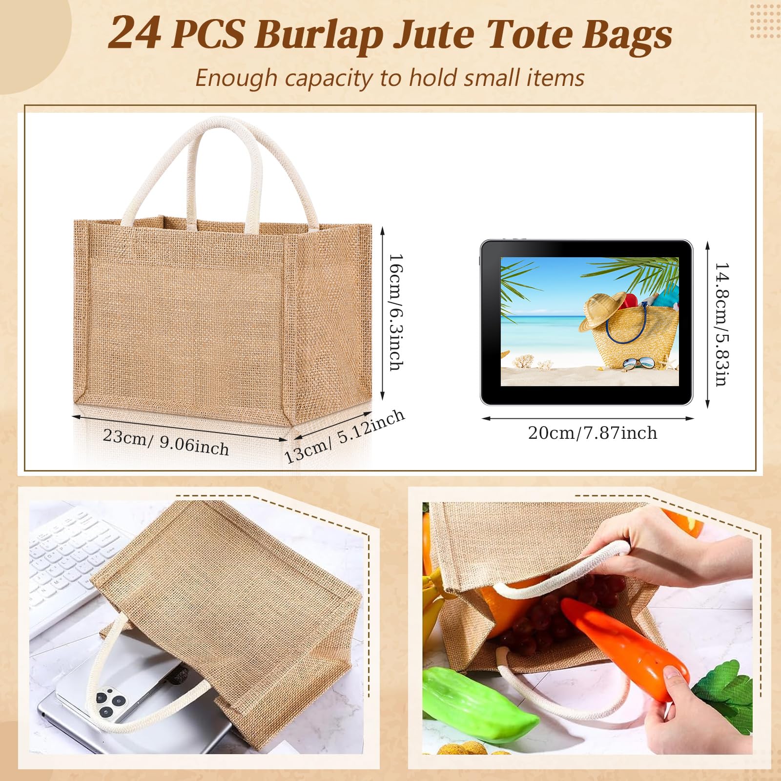 24 Pcs Burlap Tote Bag Mini Jute Reusable Waterproof Bag with Handles Small Blank Canvas for Wedding Beach DIY Gift(Classic,9.06 x 6.3 x 5.12)