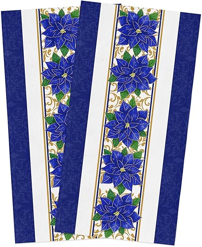 Juego de 2 paños de cocina reversibles para secar platos, diseño de flor de pascua azul de Navidad texturizada, juego de 2 paños de mano de algodón,