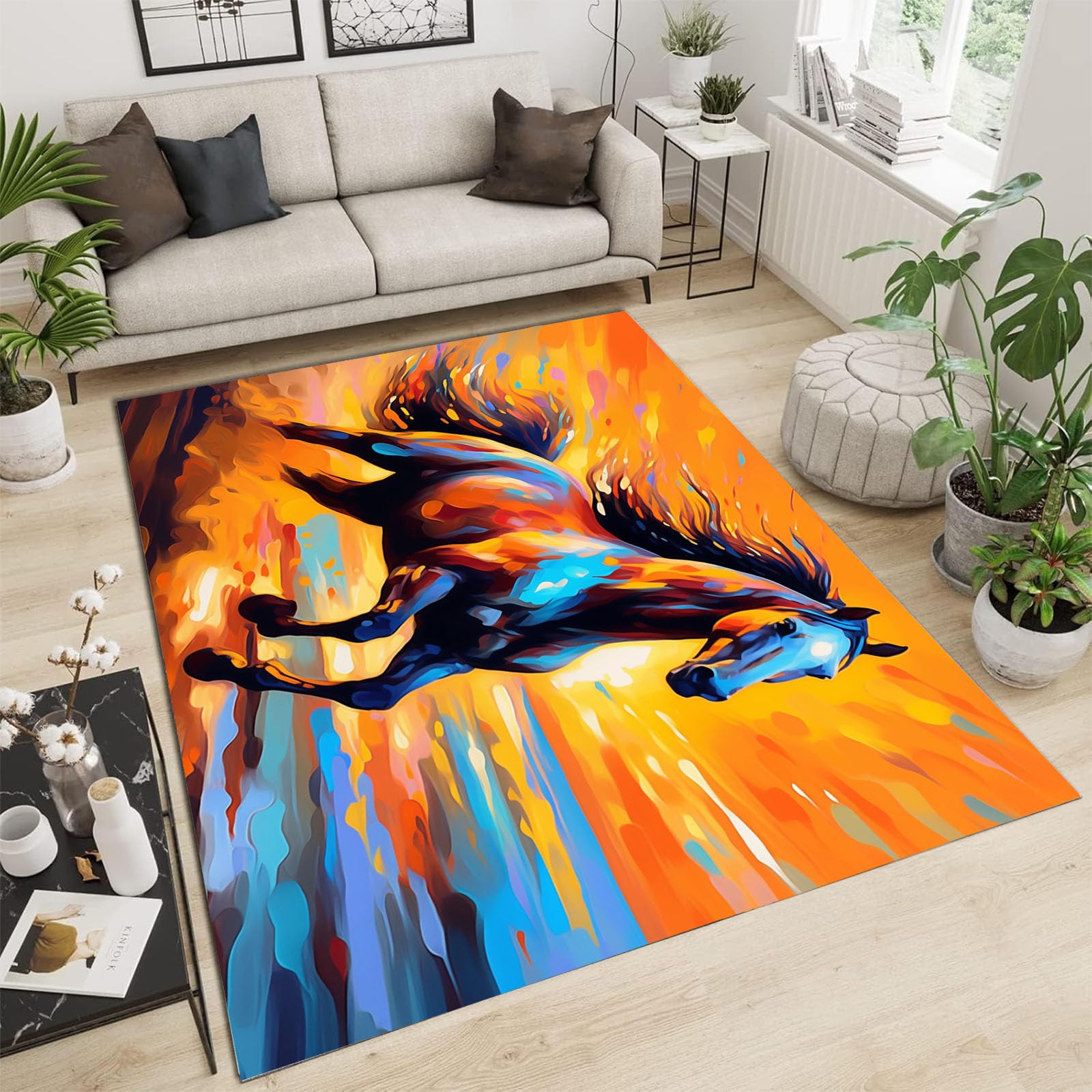 Moquette couleur orange scène galop motif cheval tapis doux salon