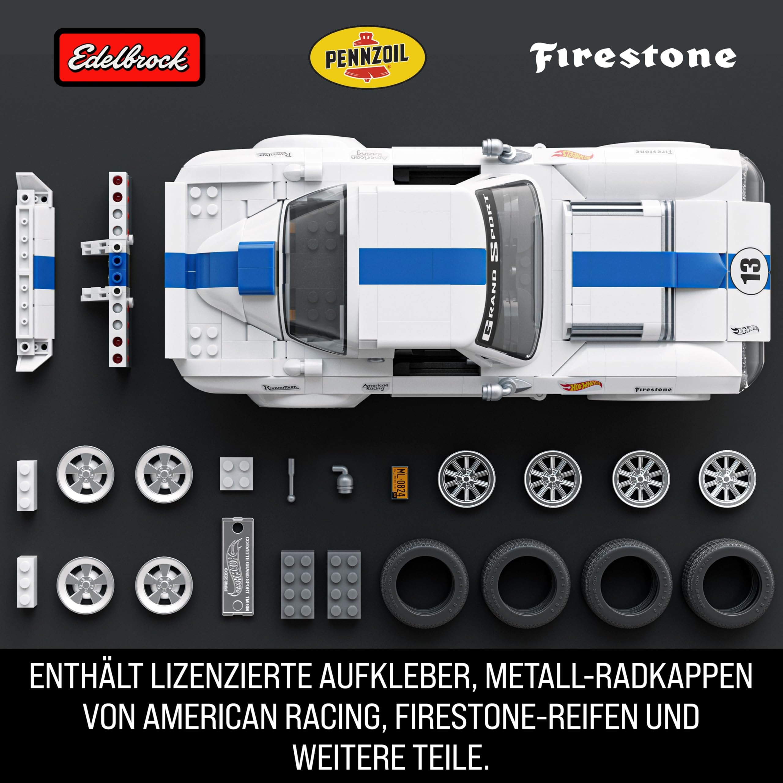Mattel Brick Shop Hot Wheels Elite Serie Bauset, Corvette Grand Sport mit 918 Teilen, realistischen Details und individuellen Aufklebern, für Sammler und Kinder ab 10 Jahren, JGR31