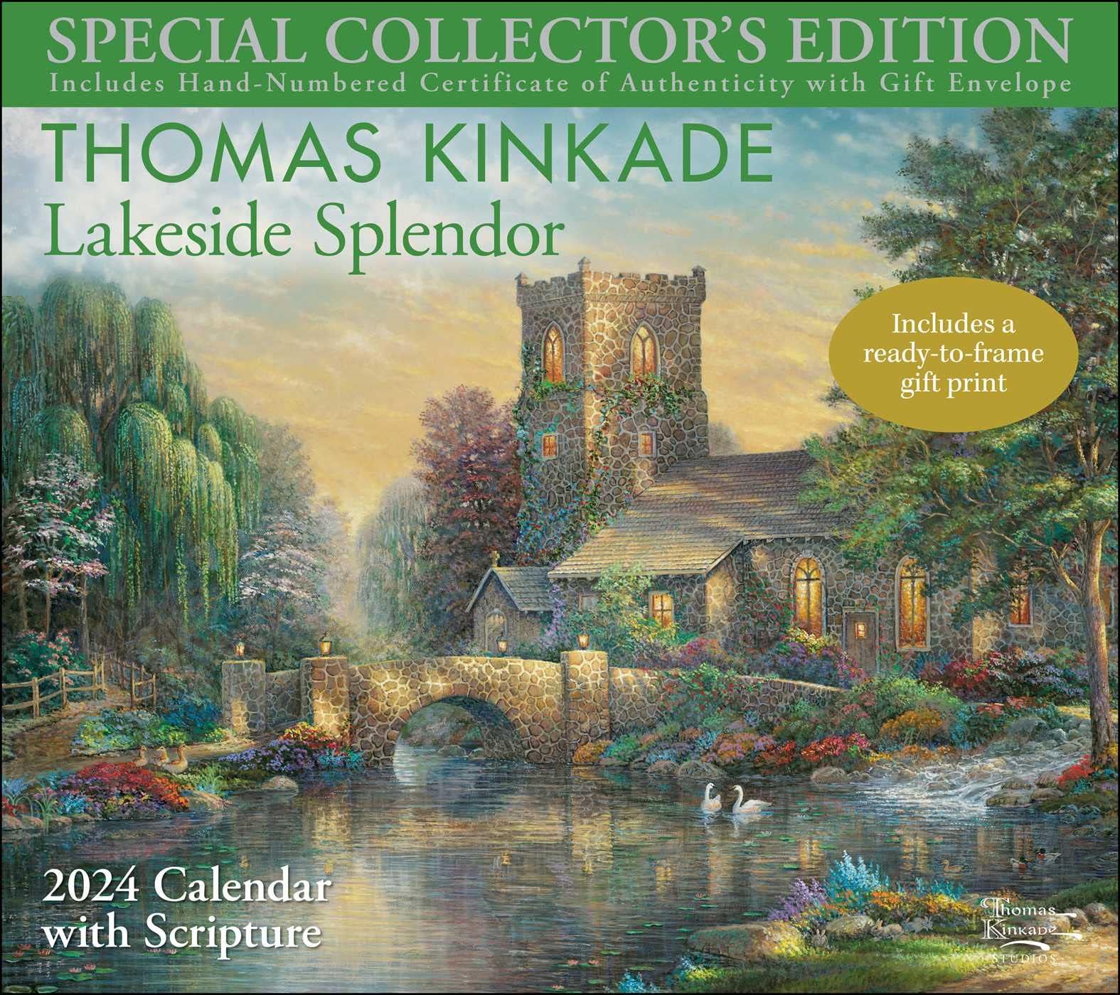 Thomas Kinkade Special Collector's Edition with Scripture 2024 Deluxe Wall Calendar with Print: Lakeside Splendor