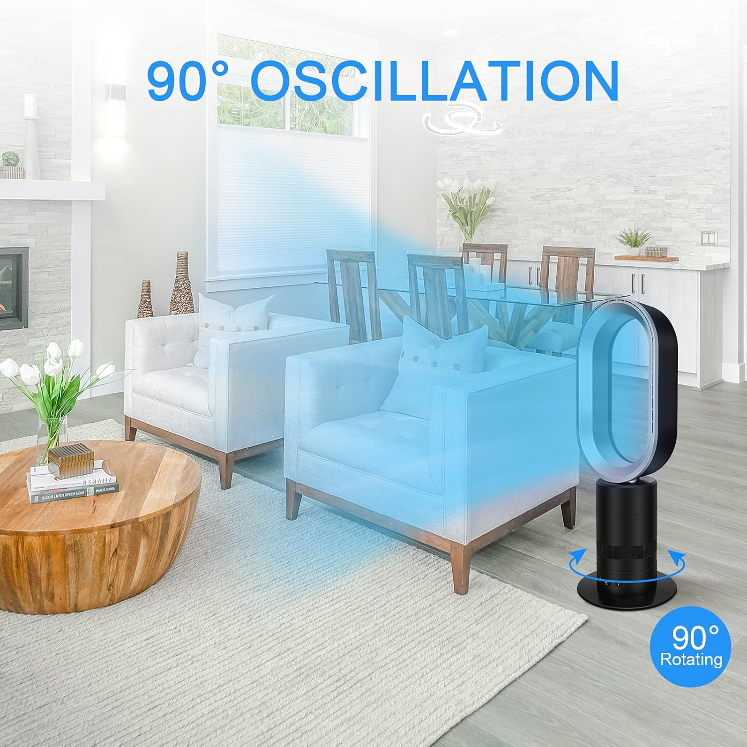 Simple Deluxe 27 Inch Bladeless Tower Fan with Timing Closure and Remote Control, Low Noise Air Circulator Floor Fan for Home and Office Use, Adjustable Speeds & 90° Swivel, Black