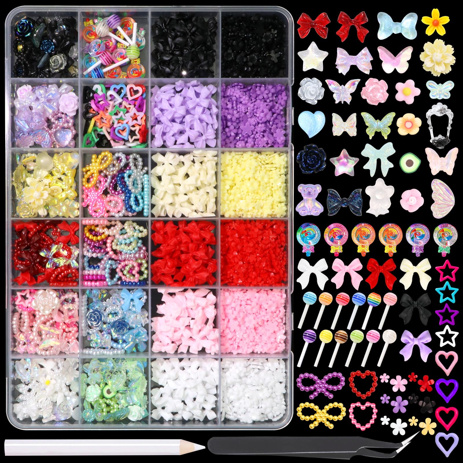 BELICEY 3D Nail Charms Set, Assorted Bow Flower Heart Star Nail Art Charms, Colorful Acrylic Blossom Bowknots Lollipop Charms for Nails, Cute Mix