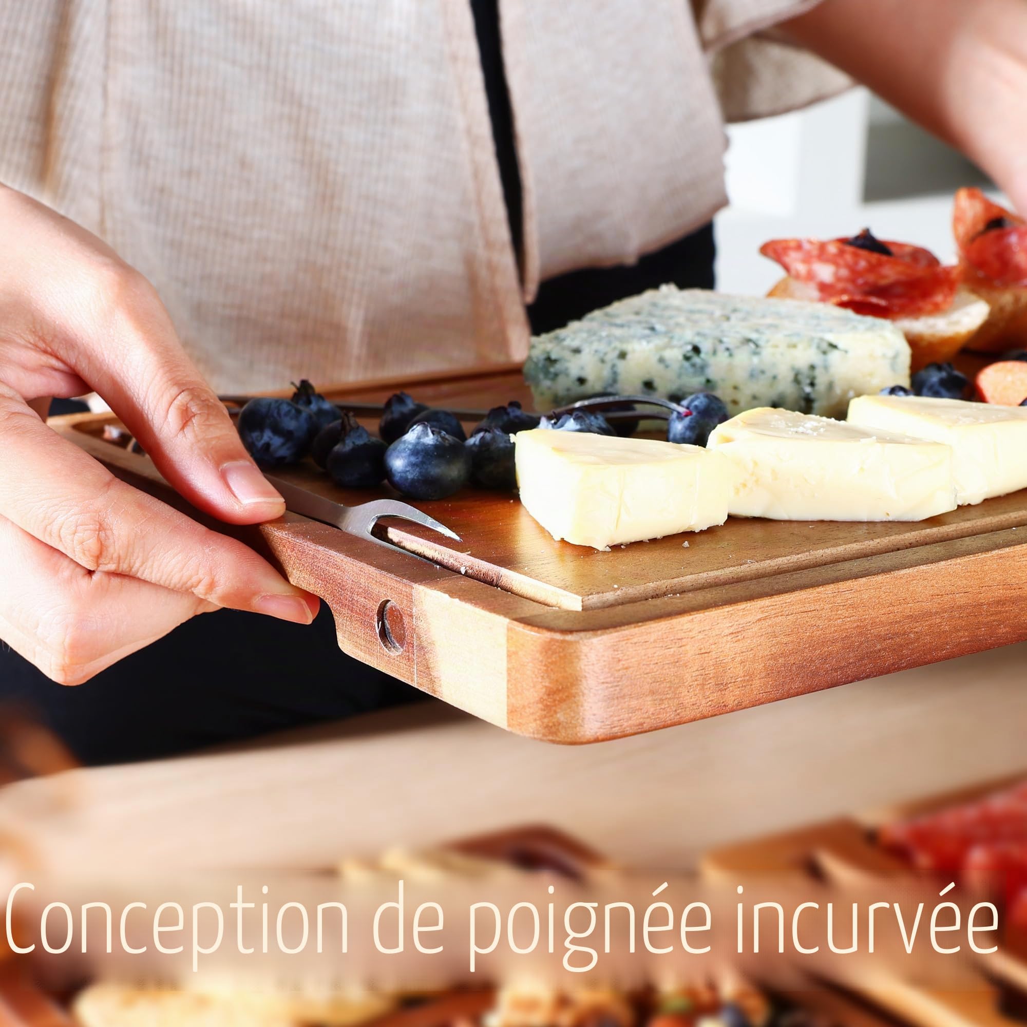 hecef Set de Plateau Aperitif, 8 Pièces Planche Charcuterie Set-Plateau Fromage Bois d'acacia avec 2 plateau aperitif, 4 fourchettes à dessert et 1 sac de transport, Cadeau pour Crémaillère et Noel