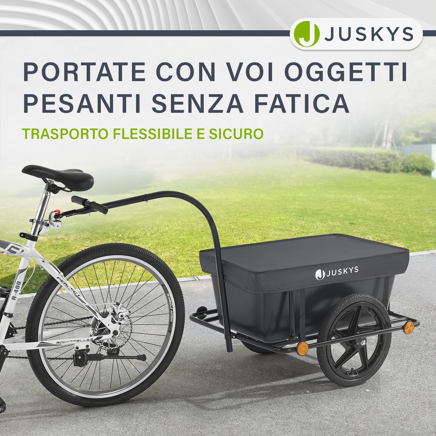 Juskys Rimorchio per bicicletta da 90 litri - rimorchio da carico con gancio, timone - rimorchio per bicicletta 40/80 kg di portata - rimorchio da trasporto con telo protettivo