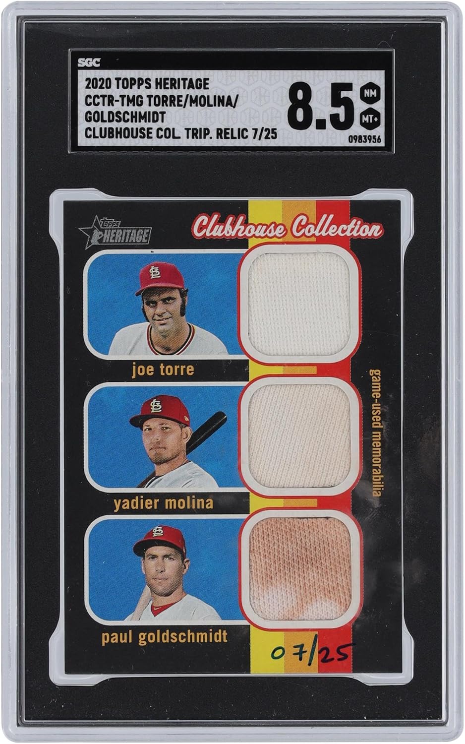 Joe Torre, Yadier Molina and Paul schmidt St. Louis Cardinals 2020 Topps Heritage Clubhouse Collection Triple Jersey Relic #CCTR-TMG #7/25 SGC Authenticated 8.5 Card - Slabbed Baseball Cards
