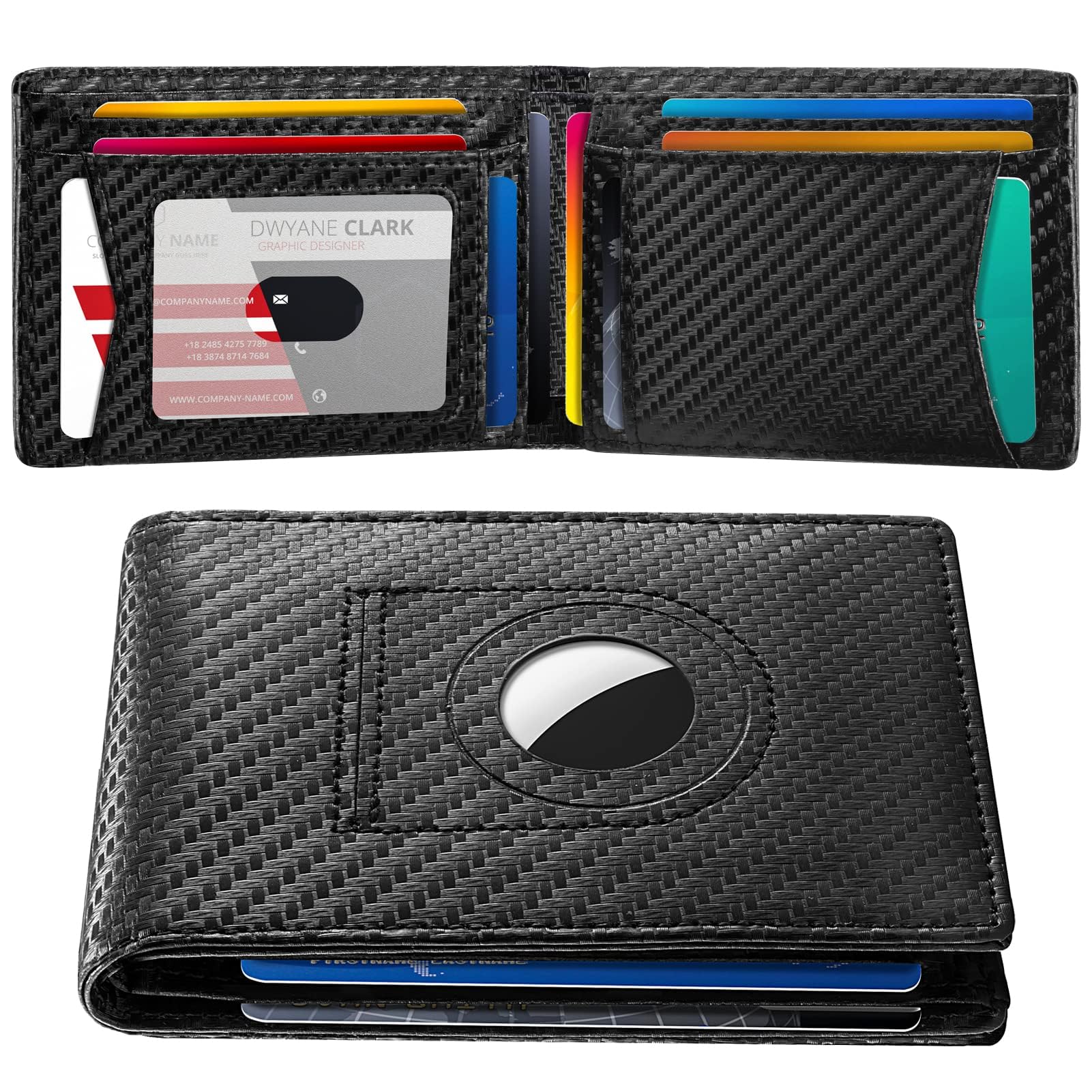 Excefore Wallet for Men, Minimalist Bifold Airtags Wallet Compatible with Apple Air Tags, Slim RFID Blocking Men's Wallet Case Holder, Larger Capacity Up to 12 Credit Cards with Gift Box, Carbon Fiber