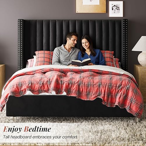 Miniatura 3 de Jocisland Base de cama tamaño King con tapizado de plataforma con cabecera de ala alta, diseño de lujo moderno de terciopelo, no necesita somier