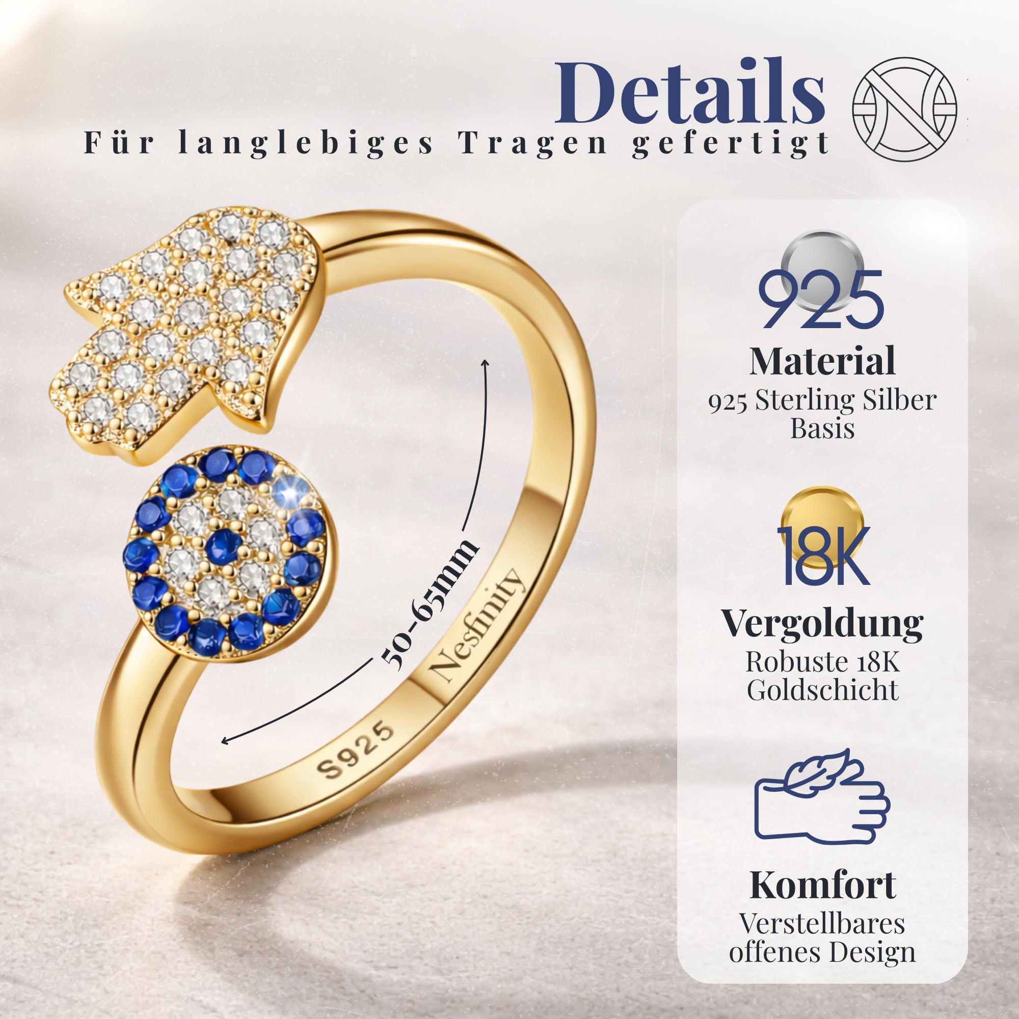 Nesfinity Nazar Boncuk Ring 925 Silber vergoldet | Verstellbarer Damenring | Fatima Hamsa & Evil Eye Talisman | Türkisches Auge Schmuck Geschenk | Goldring | Böser Blick | Goldkette | Silberhalskette