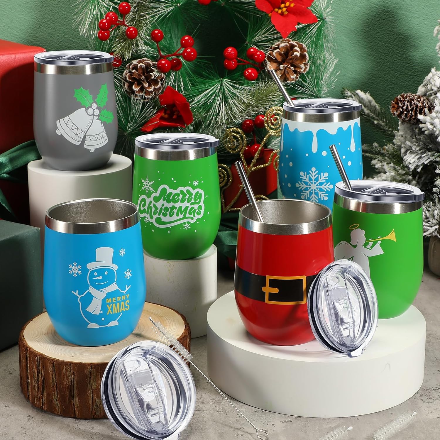 Gejoy 12 Pcs Christmas Tumbler, 12 oz Stainless Steel Tumbler with Lid, Travel Wine Mug Tea Bottle Christmas Vacuum Double Layer Coffee Mug