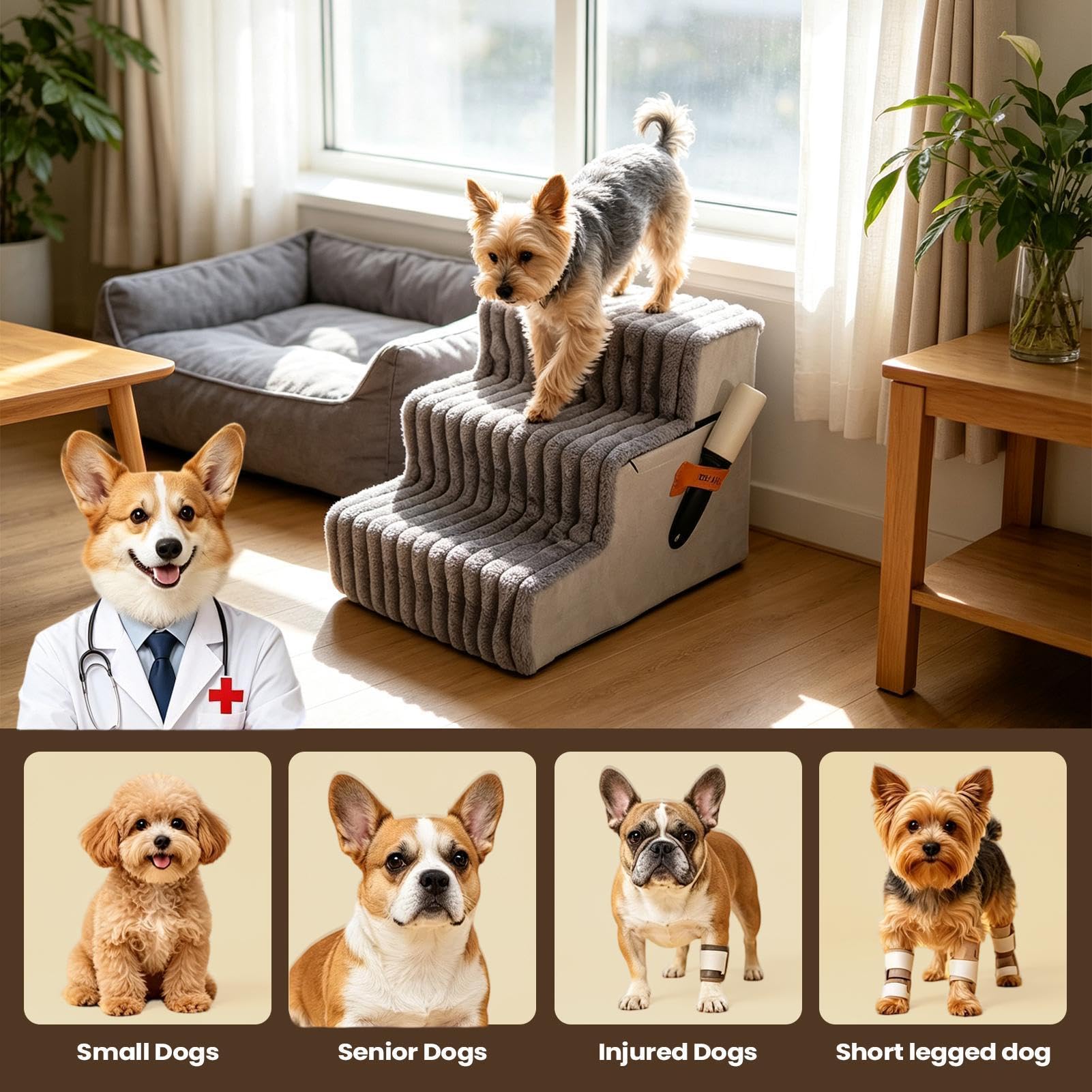 Escalón Canino Accesorio de Mascotas Desmontable Antideslizante y Lavable | Escaleras equilibradas de cama de perro para cachorros, gatos, sofá, sillón, balcón y apartamento de interior