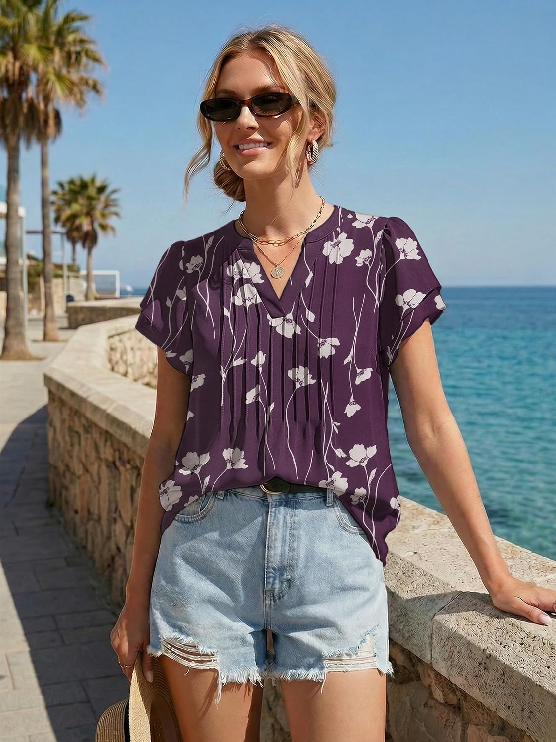 Funlingo Womens Blouses Dressy Casual Short Sleeve Business Casual Floral Tops Chiffon Professional Office Pleated Work Shirts 2026 Beige Floral XL