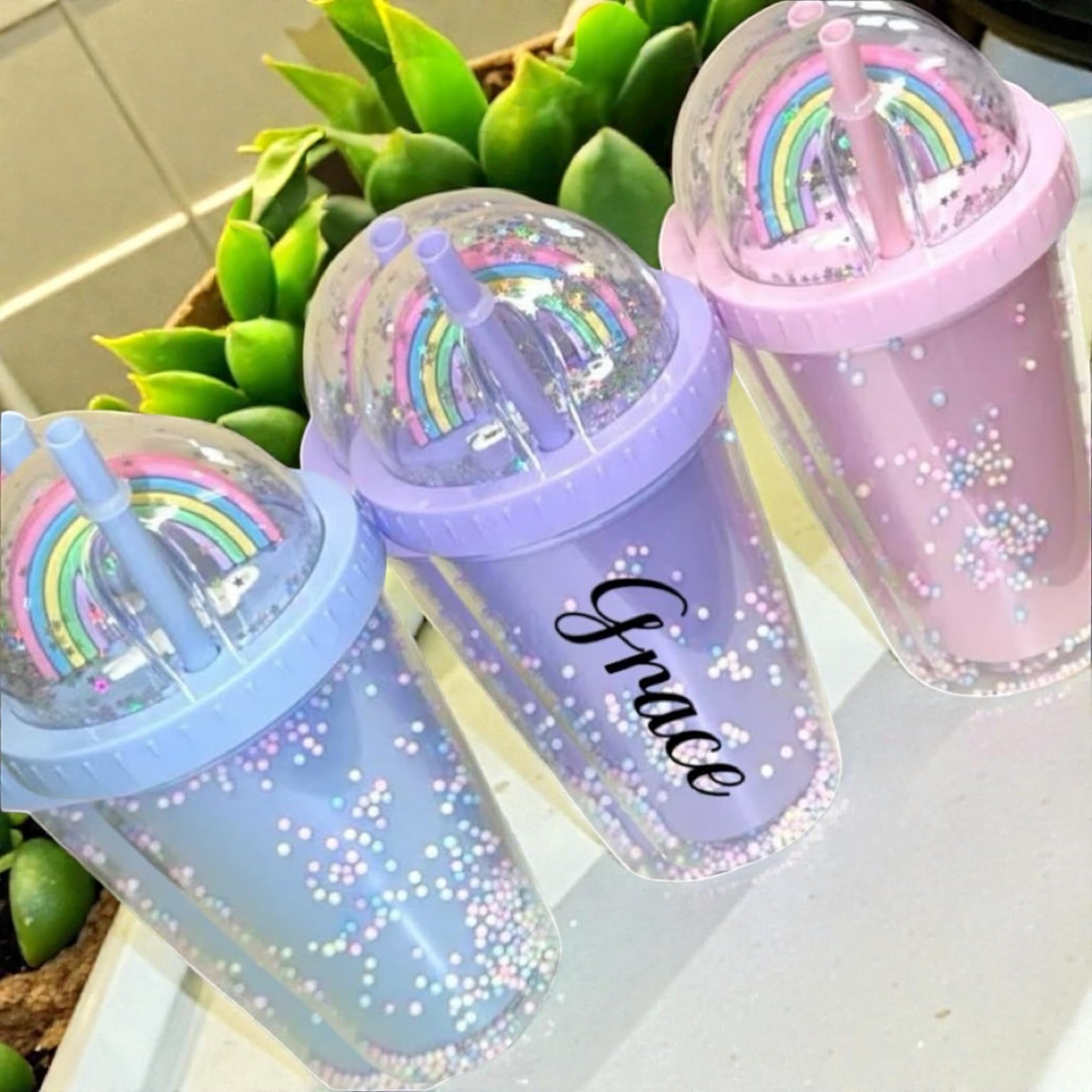 Personalised Rainbow Glitter Dome Double Walled Cup with Name, Sparkle Water Bottle with Straw Lid