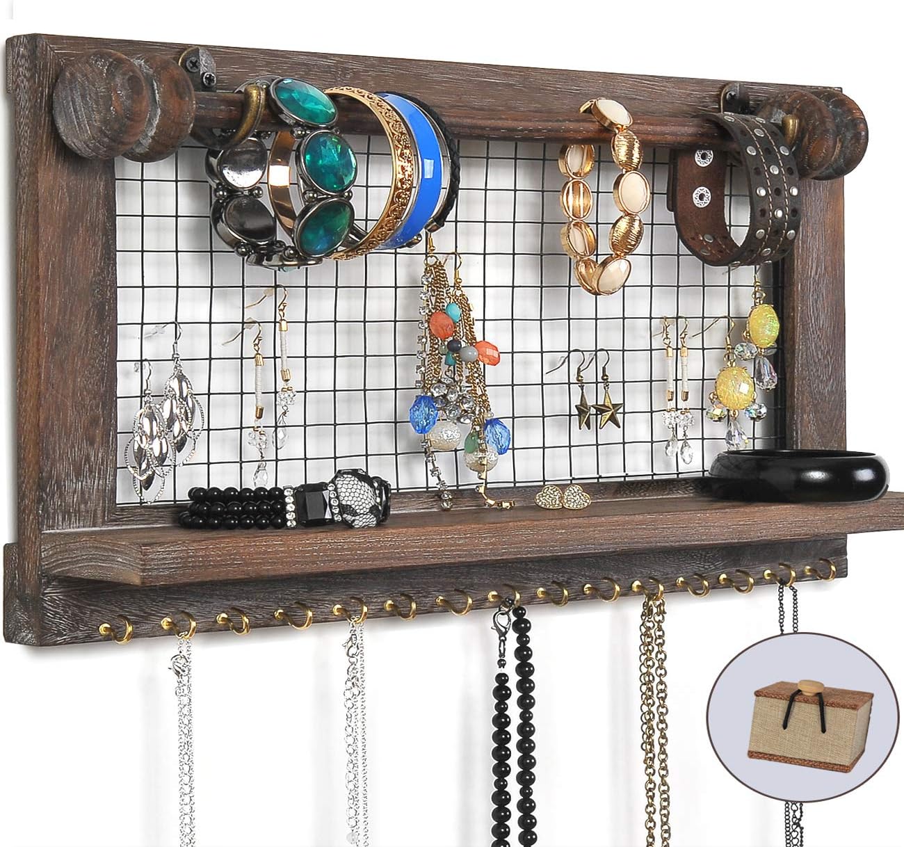 VIEFIN Rustic Jewelry Organizer Wall Mounted Jewelry Holder, Wood Earring Holder Display With Shelf And Hooks, Removable Rod For Bracelet Necklace Ring Bracelet - Brown