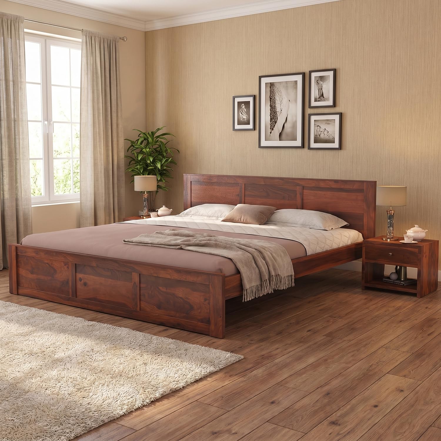 Sheesham Wood Queen Size Bed Without Storage | Wooden Double Bed Cot Palang with Headboard for Bedroom, Guest Room, Living Room, Hotels and Home Furniture (Honey Finish)-image-41