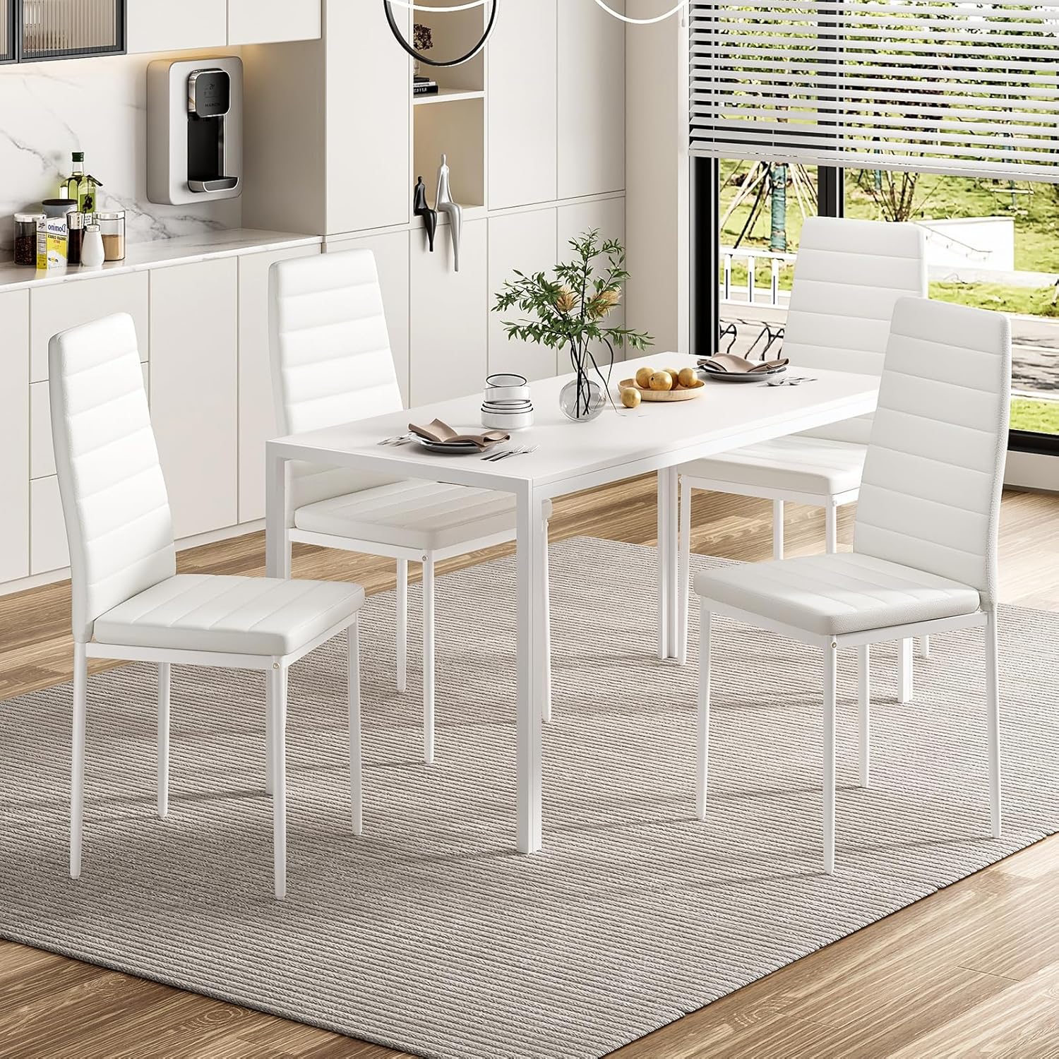 Farini Set of 2 White PU Leather Dining Chairs for Kitchen, Modern Side Chairs with Sturdy Metal Frame