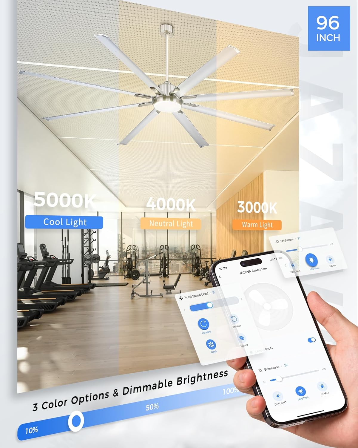 96-Inch Industrial Ceiling Fan with Lights and Remote - Extra Large Indoor Fan with 8 Aluminium Blades in Brushed Nickel,Model:ZCCF04BN-96