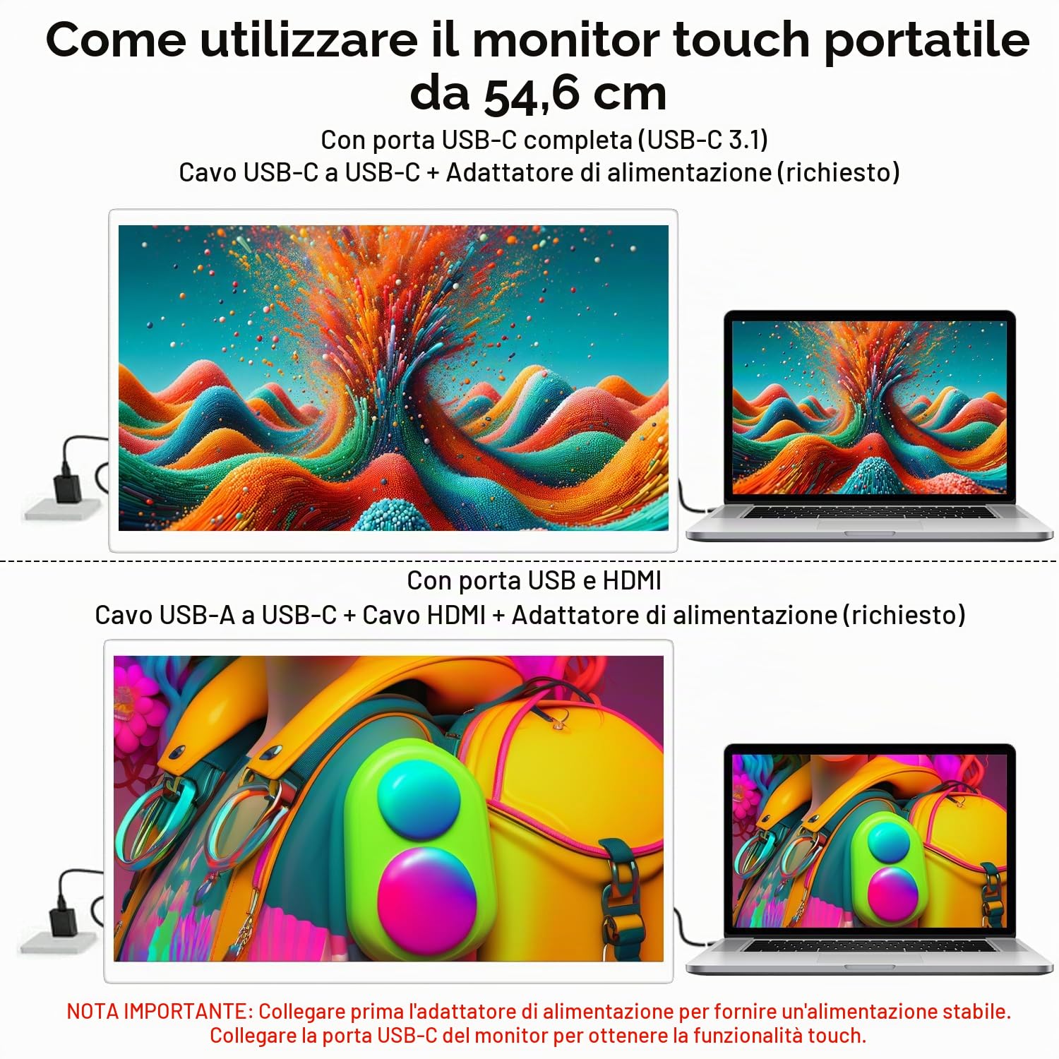 Monitor Touchscreen, 21.5 Pollici Schermo Computer 1080p con Supporto VESA | Portatile Display PC, 75 Hz, DC, HDMI e USB-C per Smartphone e Telefoni