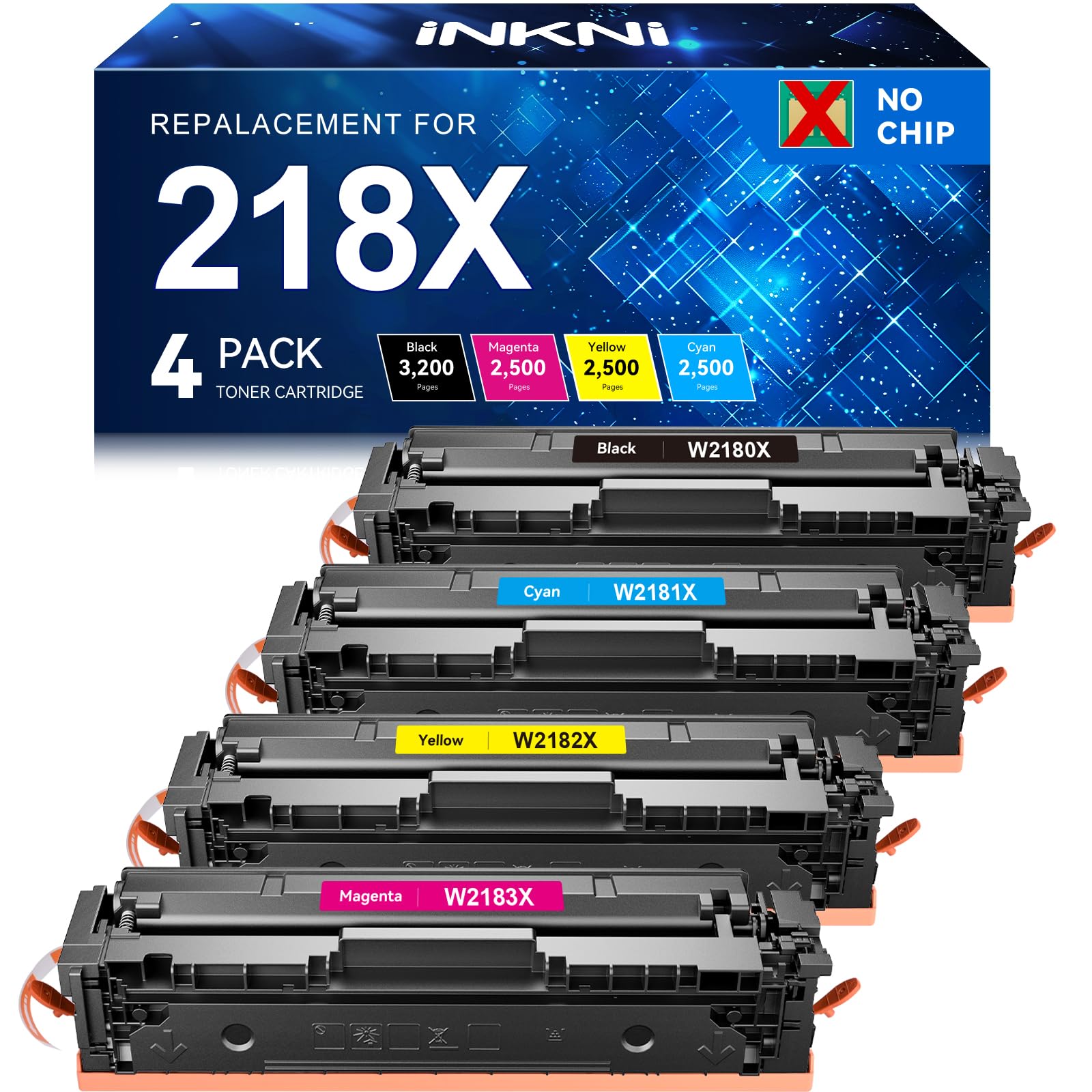 InkNI 218X Toner Cartridges 4 Pack High Yield (No Chip) Replacement for HP 218X W2180X for HP 218A for HP Color Laserjet Pro MFP 3301FDW 3201DW 3301SDW 3301CDW Printer Ink W2180A (4 Pack, B/C/Y/M)