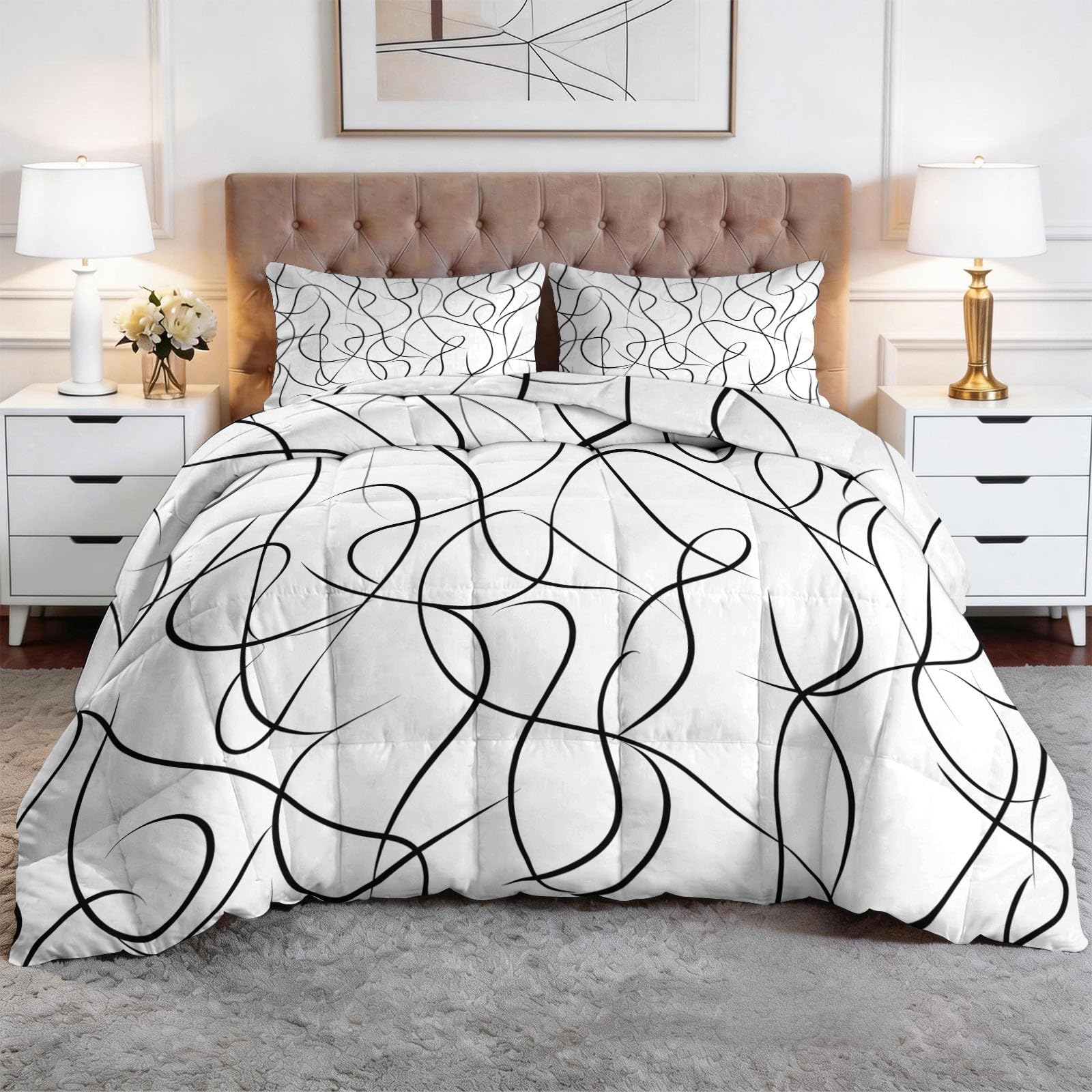 Générique Abstrakcyjna Geometria Labirynt Pikowana Kołdra 4 pory roku 140 x 200 cm Oddychająca i super miękka czarna kołdra hipoalergiczna Kołdra bez dwustronnej poszwy Można prać w pralce