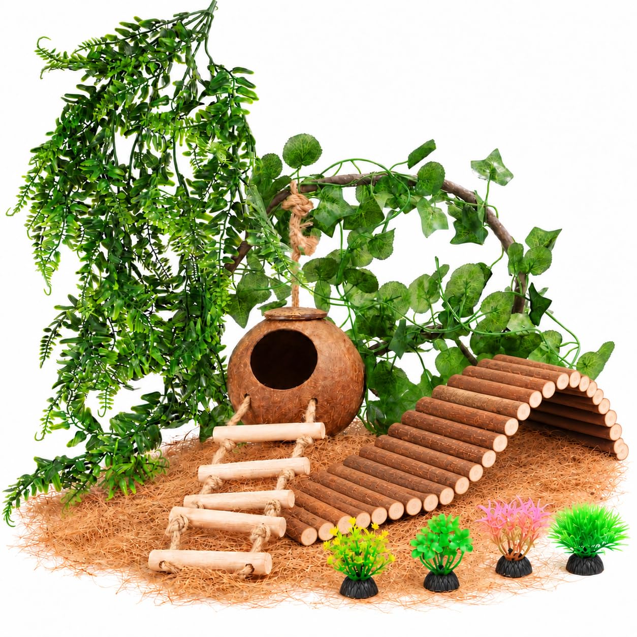 10PCS Crested Gecko Tank Accessories, Reptile Plants Bridge Vines, Coconut Shell with Ladder for Lizard, Chameleon Cage, Snakes, Hermit Crab, Leopard Gecko Tank Accessories, Terrarium Decor