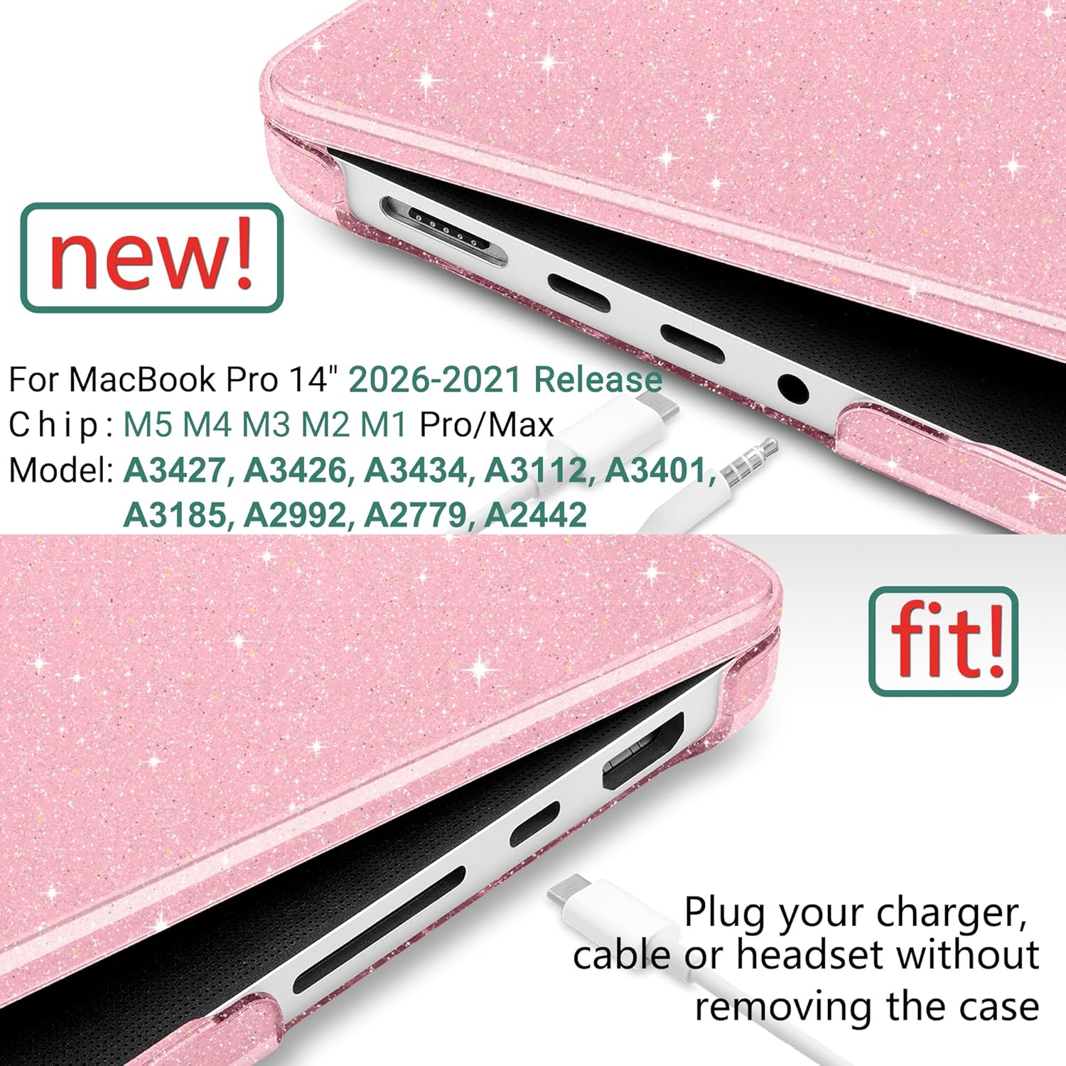 DONGKE Glitter Case for M5 MacBook Pro 14 inch M4 M3 M2 M1 2026 2024-2021 A3427 A3426 A3434 A3112 A3401 A3185 A2918 A2992 A2779 A2442 Pro Max, Bling Plastic Hard Shell Cover, Sparkly Pink
