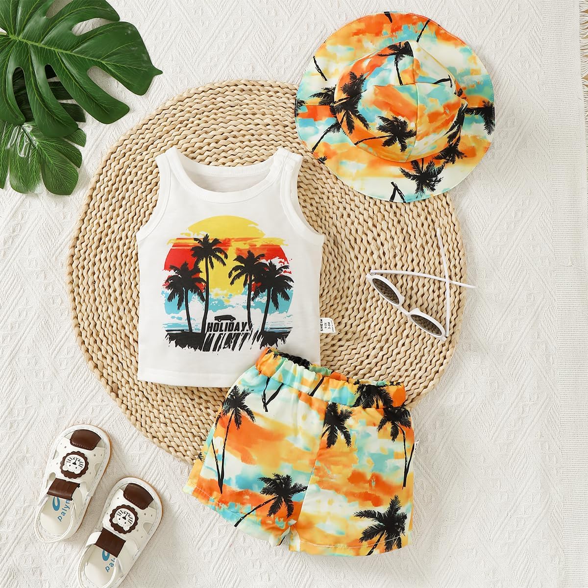 Baby Boy Shorts Set with Palm Tree Print Tank Top & Matching Hat, Holiday Summer Outfit