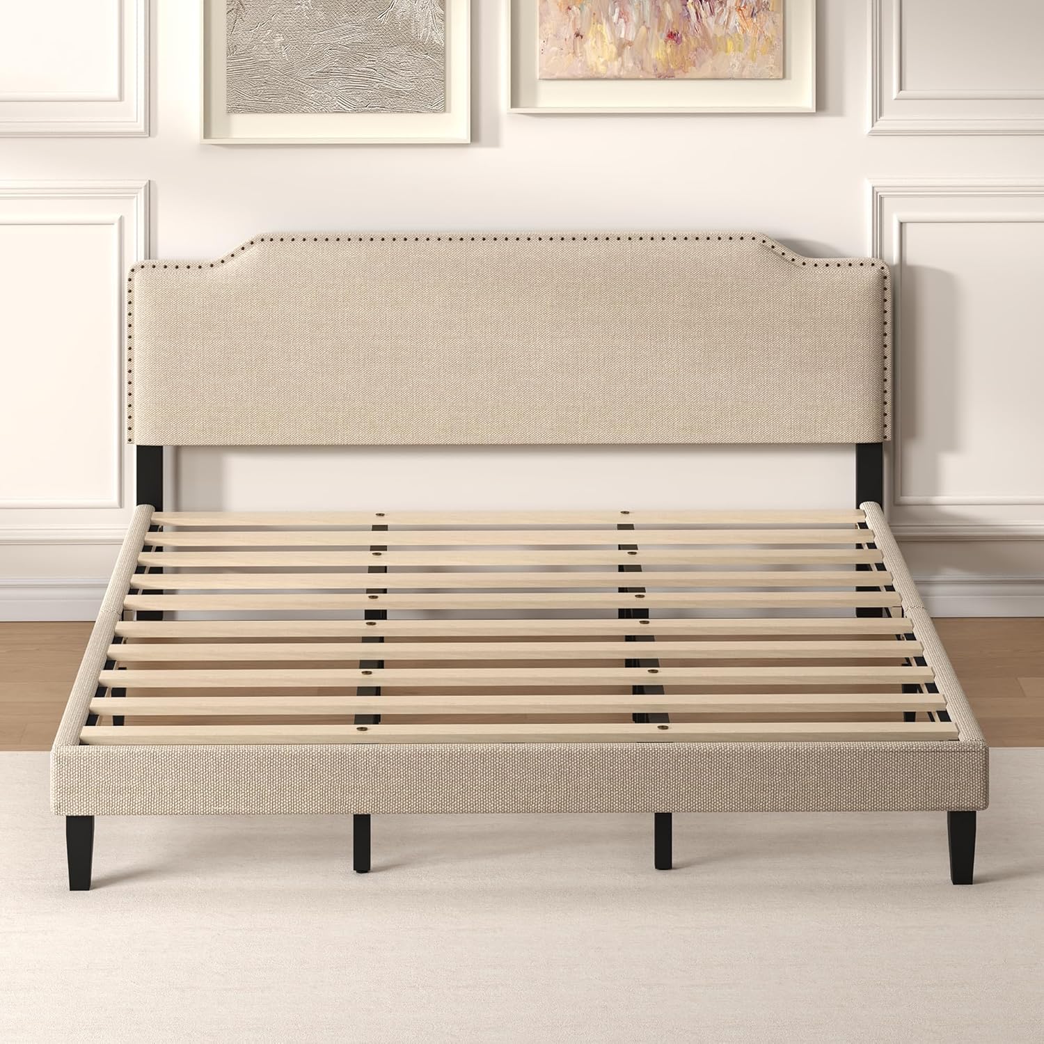 King Size Bed Frame with Adjustable Headboard Platform, 18 Thickened Legs, Fabric Upholstered Headboard, No Box Spring Needed, Noise-Free, Easy Assembly, Beige