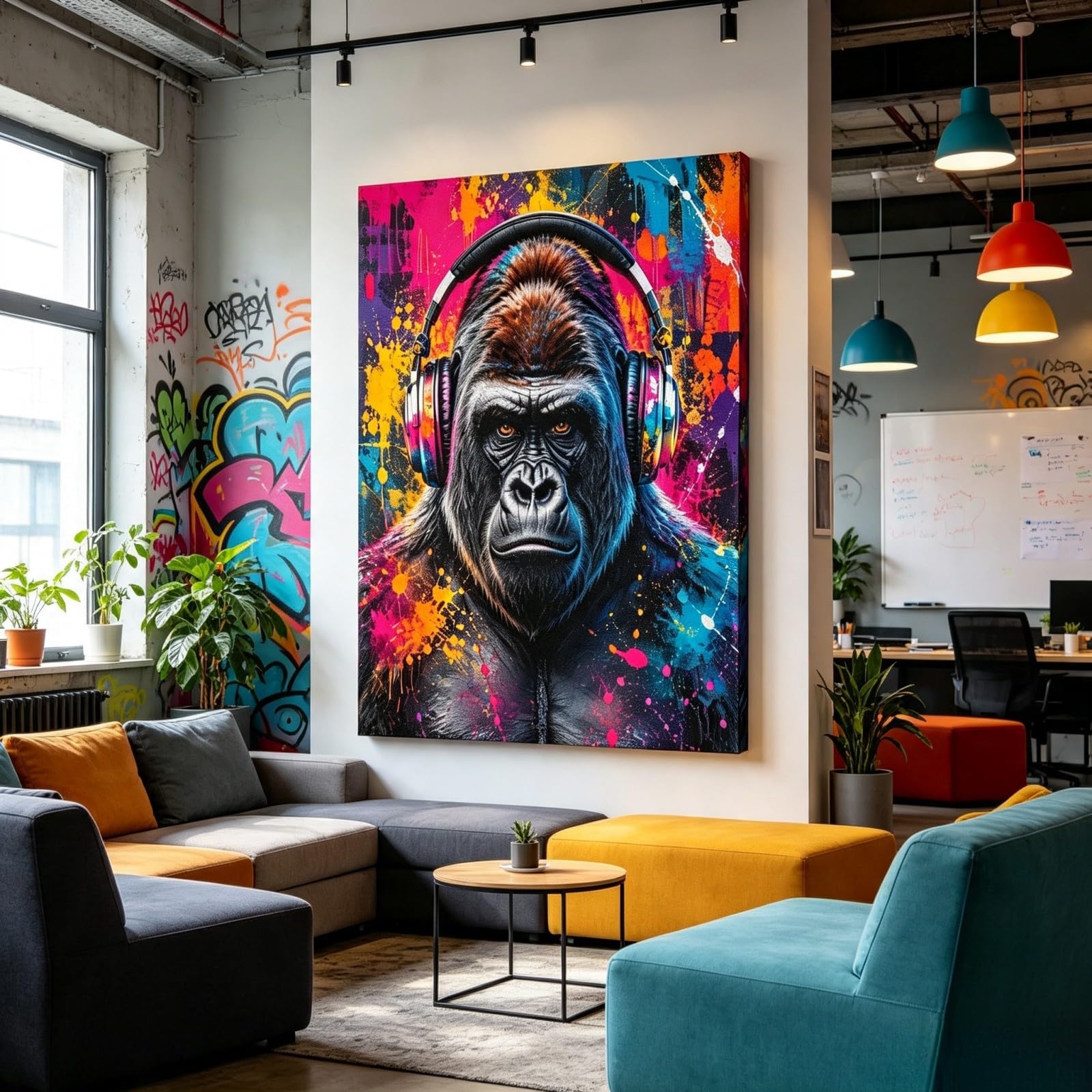 RGsixiot Leinwandbild Street-Art Hochformat Gorilla mit Kopfhörern