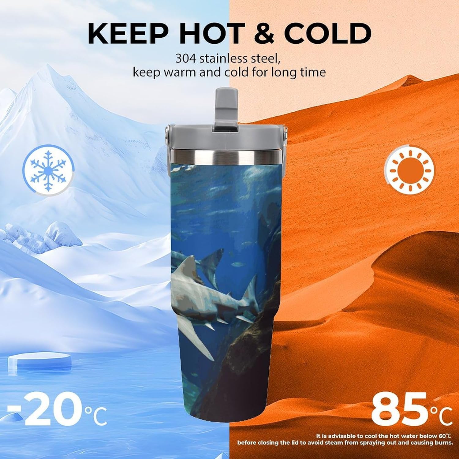 Two White Sharks Water Bottle 30 Oz Fits Car Cup Holder,Insulated Coffee Mug Large Capacity Car Cups,Stainless Steel Double Wall Sport Bottle for Travel Sports Gym