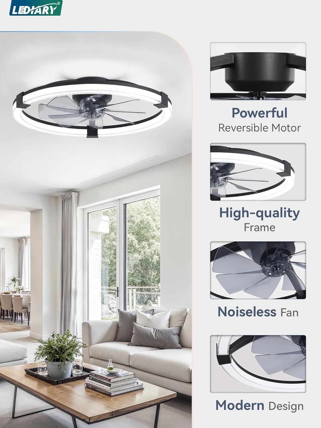 LEDIARY Ceiling Fans with Lights, 23 Inch Low Profile Ceiling Fan with Remote, 6 Speeds, Reversible, Dimmable Flush Mount Fan Light, Modern Fandelier Ceiling Fan with Lights for Bedroom, Black