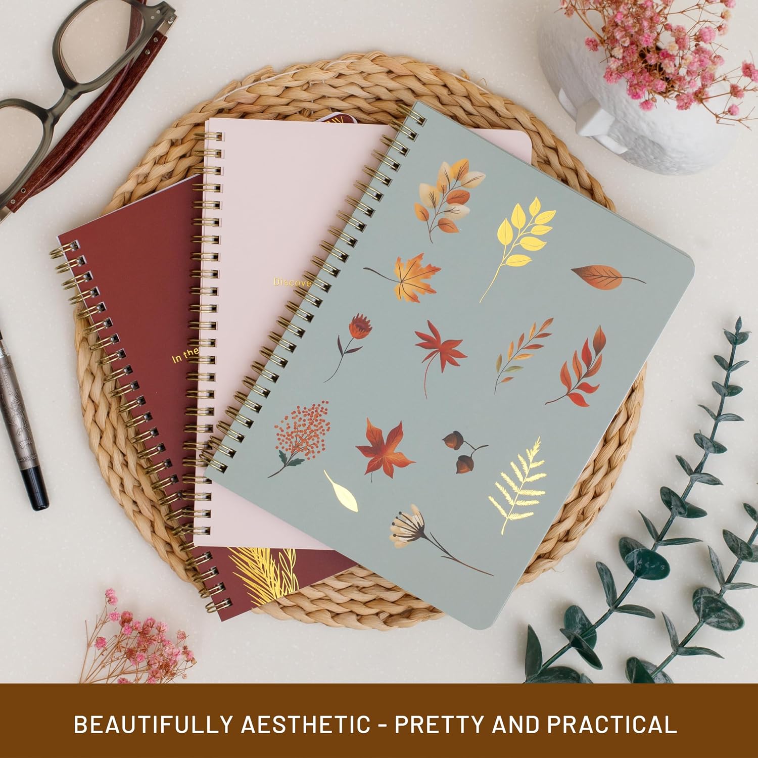 Happy Hoos® Fall Spiral Notebooks - Pack of 3 Colorful Aesthetic Journal with bag and box- A5 Paper Lined 150 Pages College Ruled Notebook - Lay Flat Writing Journal for Work/School/Travel and more - (Autumn Harvest)