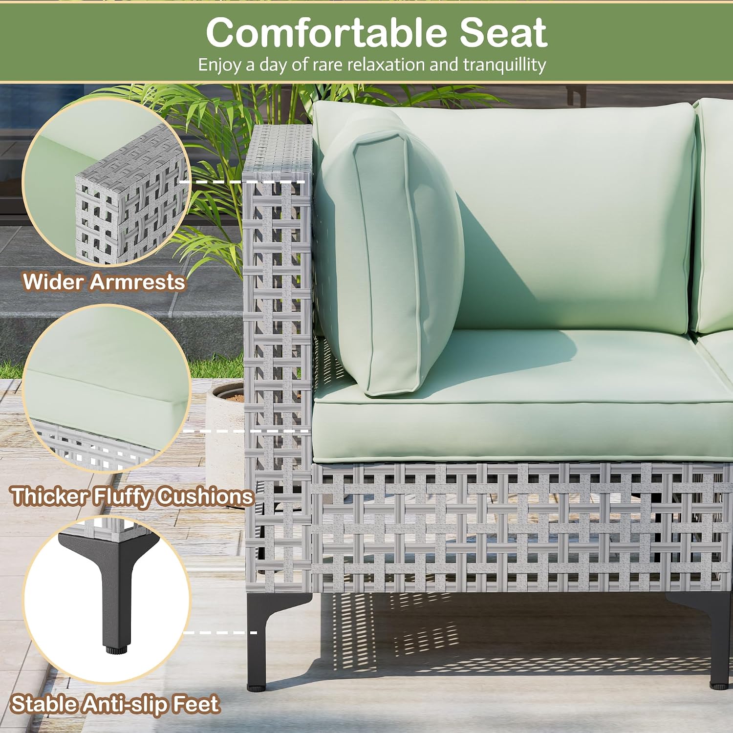 7 Piece Outdoor Patio Furniture Set, Wicker Patio Conversation Sectional Couch Set, All Weather PE Rattan Sofa with Table for Garden, Poolside, Backyard (Green, Size-1)